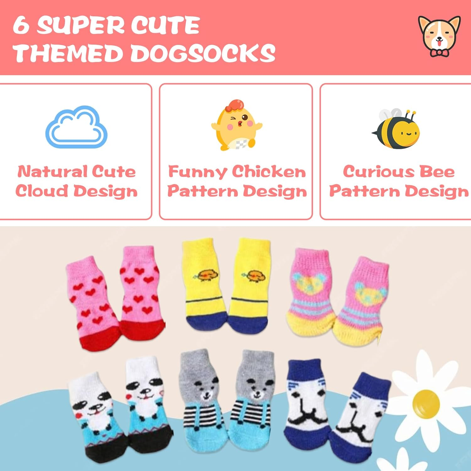 24 Pices anti Slip Dog Socks & Quite Dog Paw Sock with Grippers, Quick Dressing Knit Socks for Pet Dogs,Pet Paw Protector Traction for Indoor,Dirt-Resistant Outdoor Pet Socks (M/Size) image number 5