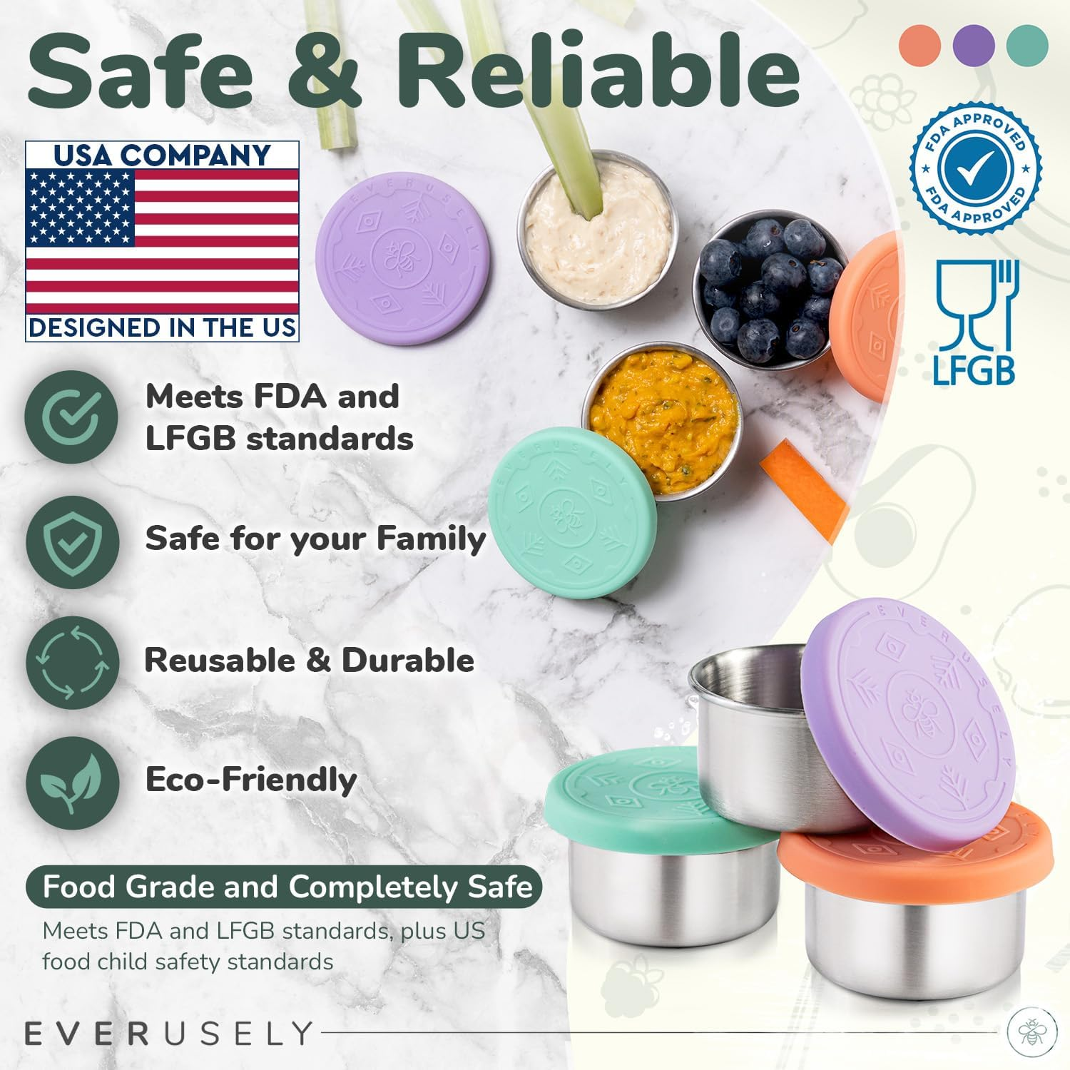 Everusely 3 X 1.7Oz Leakproof Salad Dressing Container to Go, Stainless Steel Small Condiment Containers with Lids, Sauce Containers for Lunch Box, Dressing Cups with Lids, Dip Containers, Sauce Cups image number 2