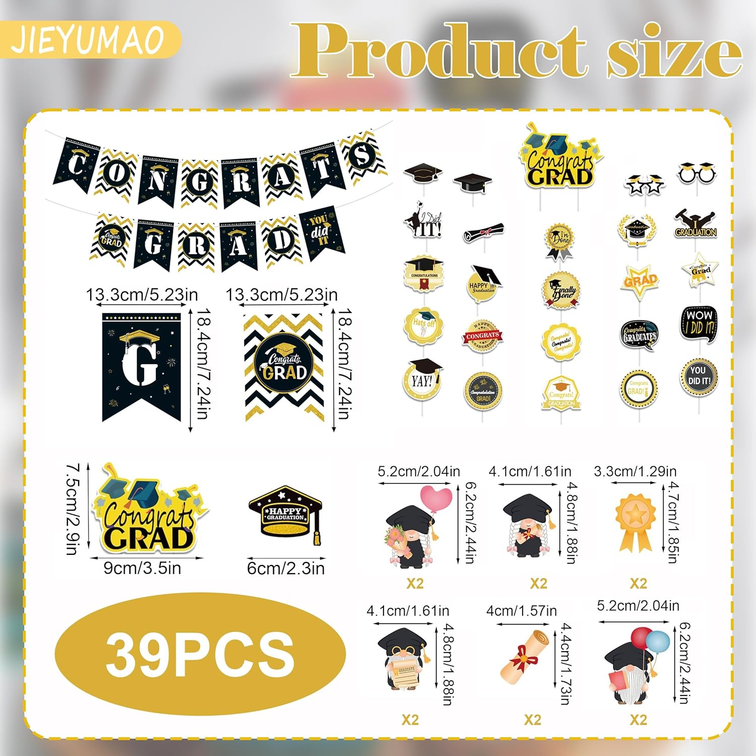 39Pcs Graduation Cake Topper, Black Gold Grad Cake Decor with Graduation Banner, Grad Cap Diploma Cupcake Picks Graduation Cupcake Toppers for Graduations Party Decorations image number 5