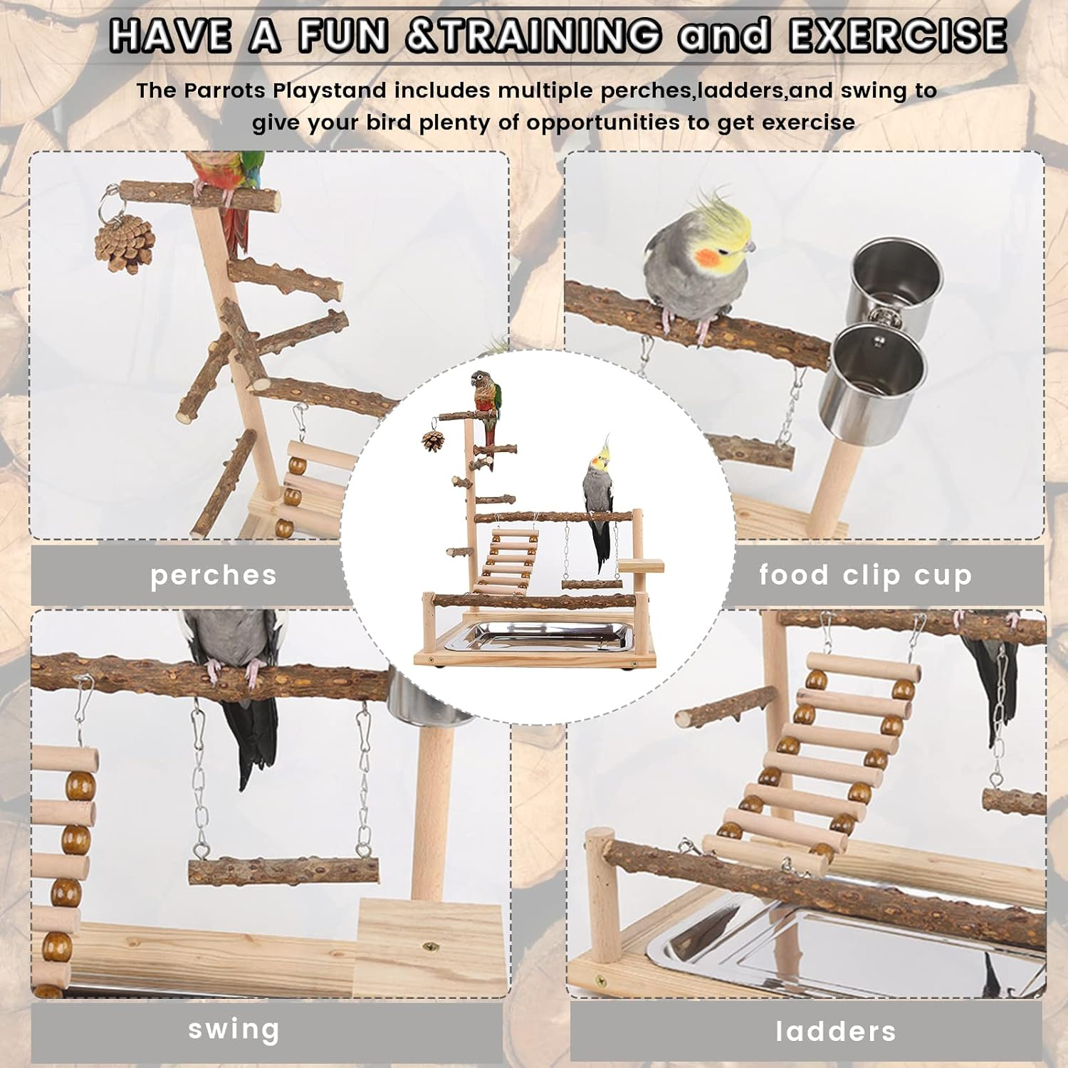 Wishesmar Bird Playground Parrot Play Stand with Feeder Cup Swing Climb Ladder and Tray Budgie Playground Cage Exercise Gym Toys for Parakeets Cockatiel, Wooden, Size about 17.7X14.6X10.2 in #A image number 4