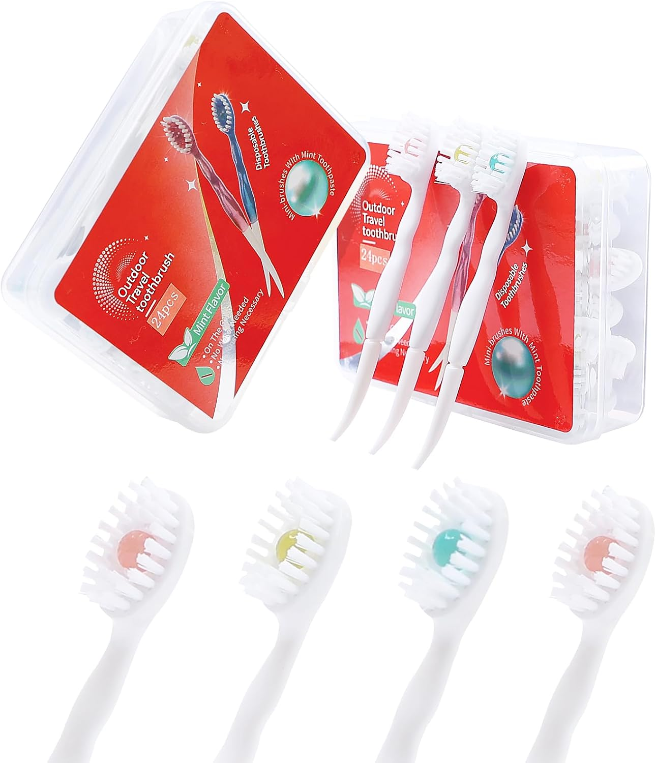 Disposable Mini Toothbrush - Travel Toothbrushes with Toothpaste Portable for Work or Travel Mint + Peach + Plum & Green (Mixed Flavor, 48 Count - 2 Pack) image number 1