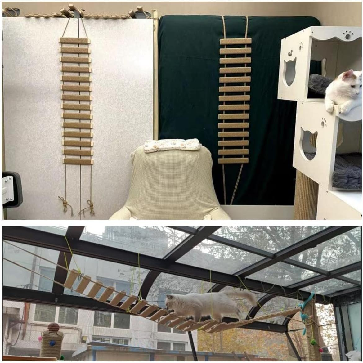 Cat Climbing Frame Bridge, Pet Furniture Cat Step,Sisal Rope Bridge,Cat Climbing Ladder,Cat Tree Tower with Hammock (100Cm Full Sisal Ladder) image number 4