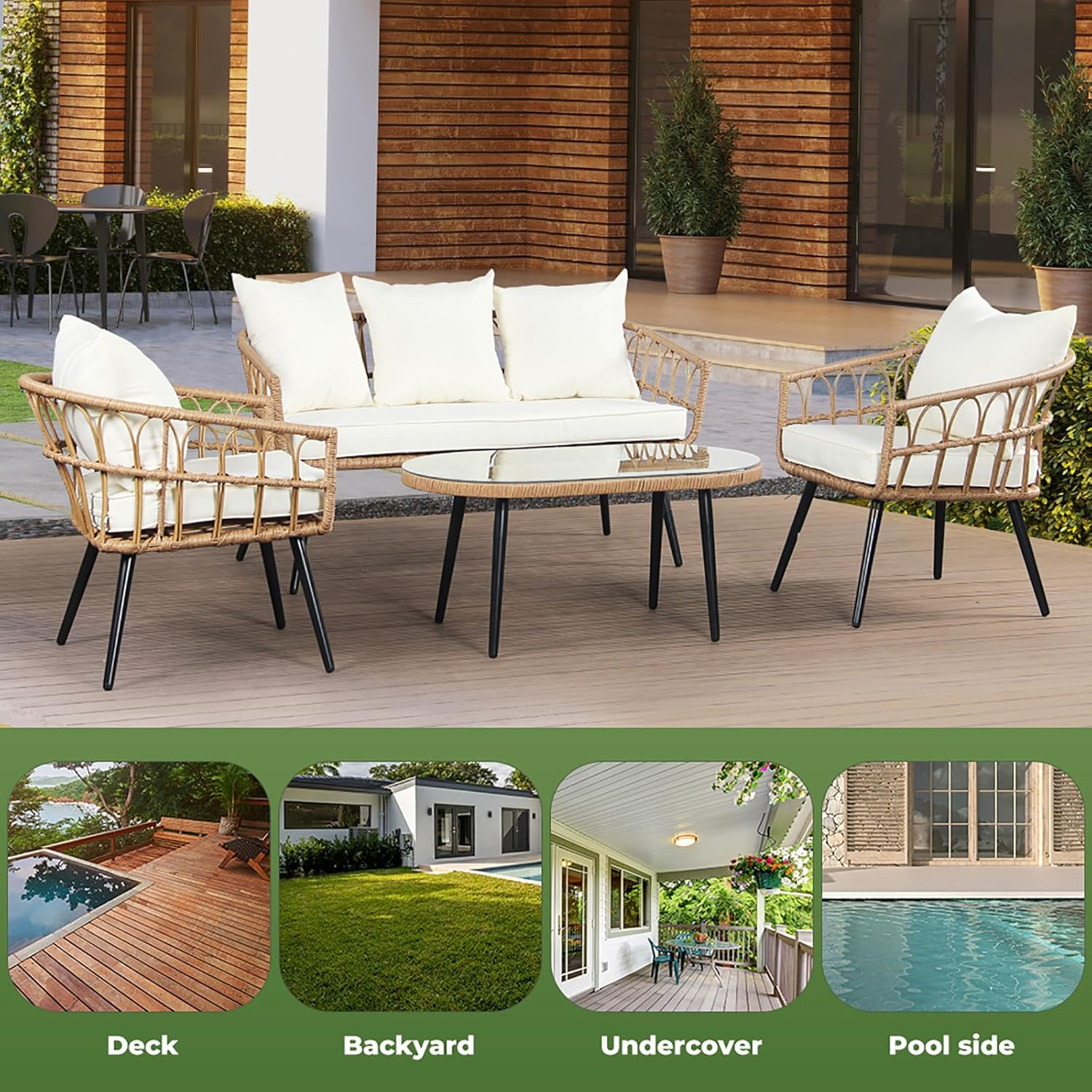 Levede 4PCS Outdoor Furniture Setting Patio Garden Table Chair Set Wicker Lounge, Balcony PE Rattan Conversation Sets with Back Seat Cushion Tempered Glass for Backyard, Poolside image number 5