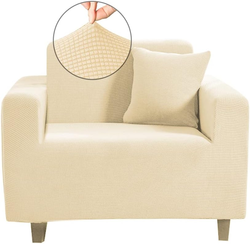 High Stretch Jacquard Sofa Cover Machine Washable Stylish Furniture Cover Anti-Slip Foams Strips with Elastic Bottom Suitable for Various Styles (Cream, 3 Seater (180-220Cm))