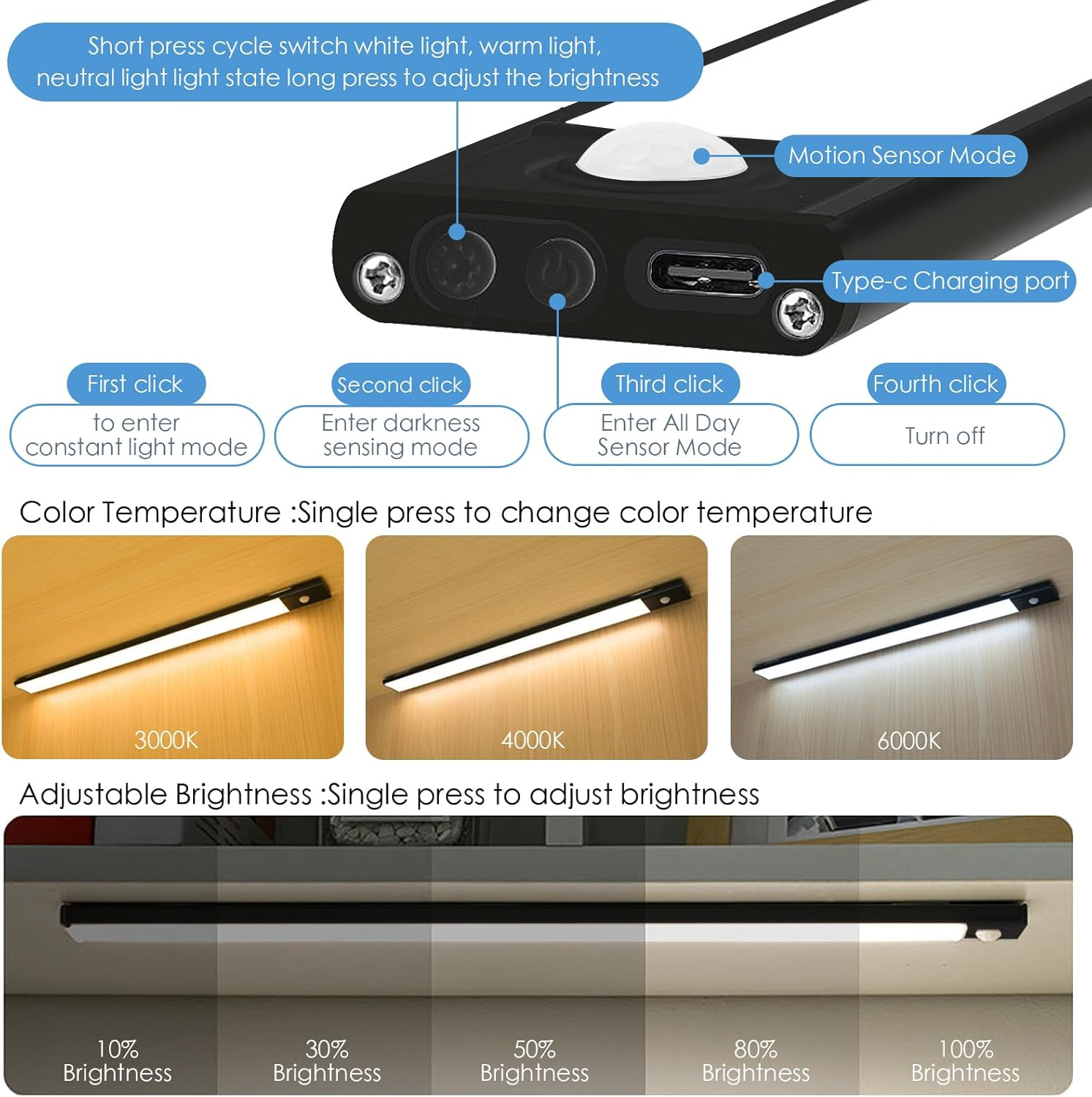 Under Cabinet Light, 2 Pack Motion Sensor Lights, USB Rechargeable LED Strip Lights Night Lighting Bars with Large Capacity Battery Operated for Home Kitchen,20Cm, Black image number 1