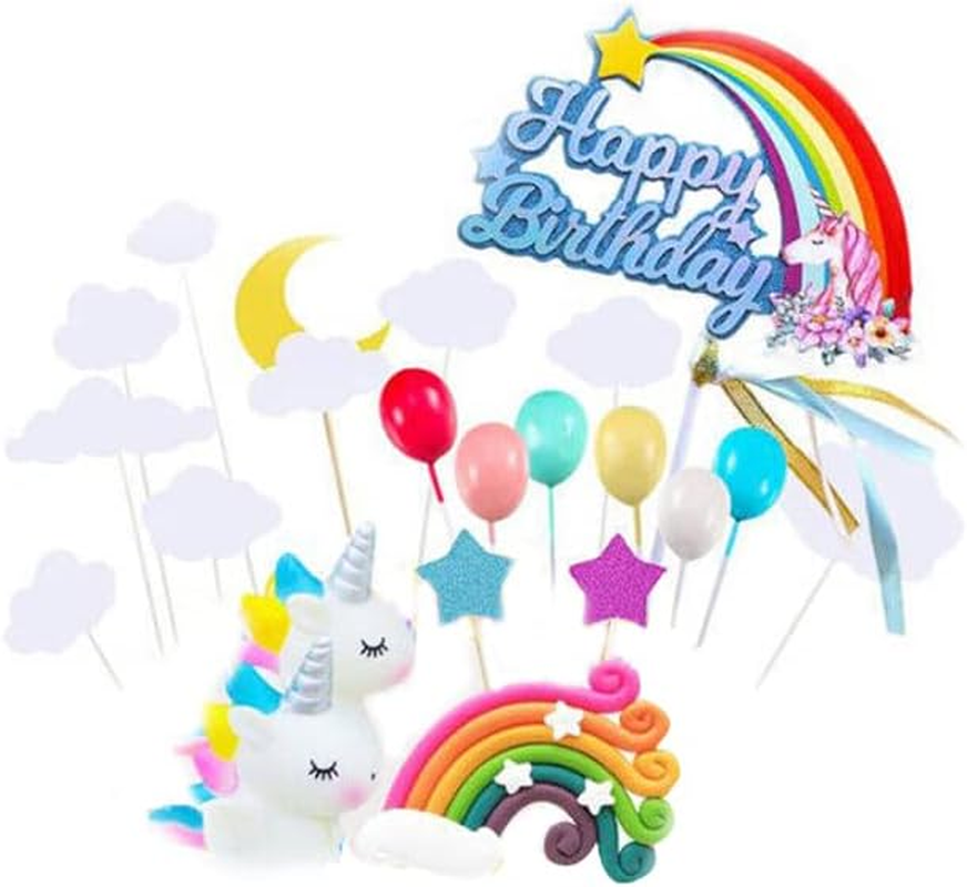 AIMALL 21Pcs/Set Unicorn Cake Topper Kit Cloud Rainbow Happy Birthday Banner Decoration with Rainbow, Happy Birthday Banner, Clouds, Stars & Moon, and Unicorns, Fits 6-10 Inch Cakes image number 5