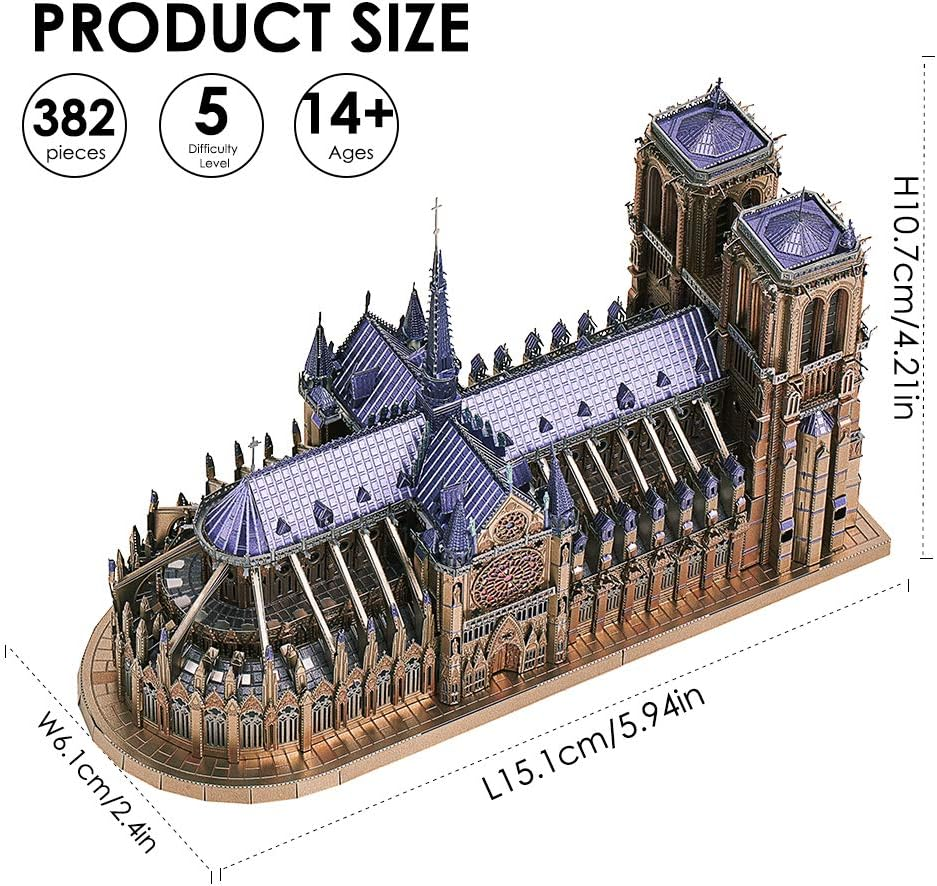 Piececool 3D Metal Puzzles for Adults and Teens, Notre Dame De Paris Church Metal Model Kit, Challenge French Cathedral Brain Teaser Architecture Building Blocks Puzzle Learning Toys, 382 Pcs image number 2