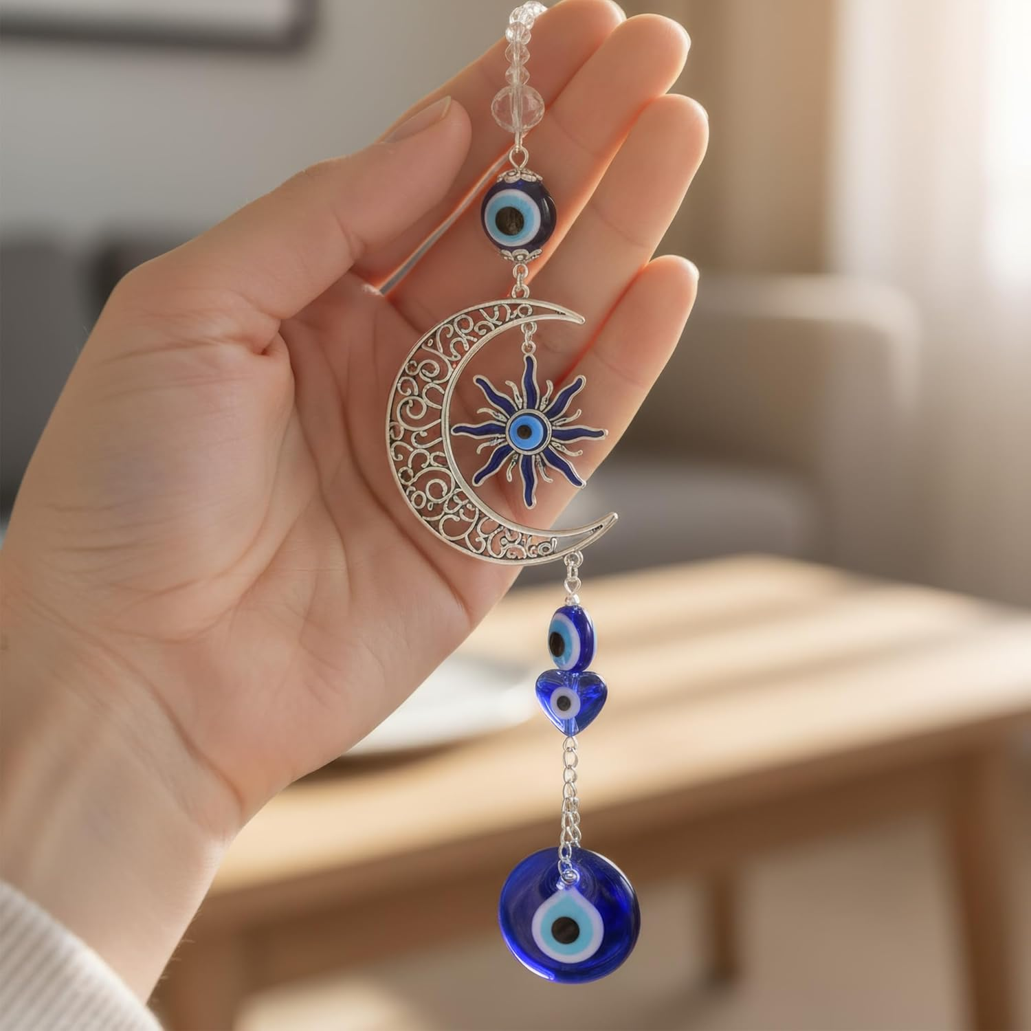 Blue Evil Eye Moon Crystal Hanging Ornament - Protection Amulet for Home, Car & Window Decor - Spiritual Gift image number 1