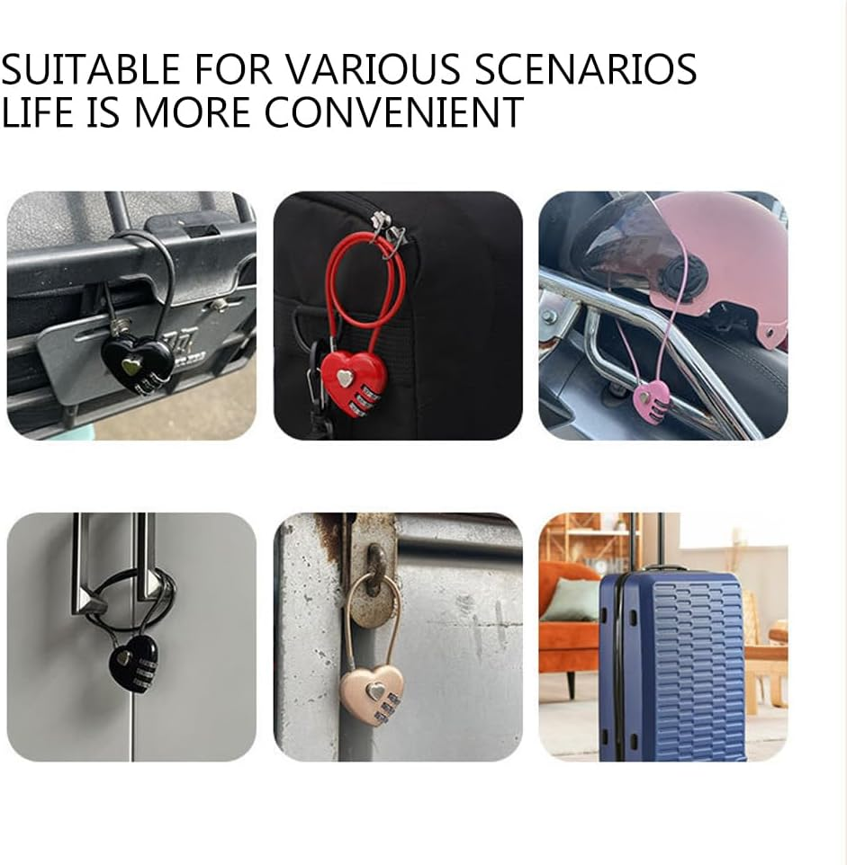 Maizoon 6 Pack Love Heart Combination Lock 3 Digit Waterproof Padlock with 400MM/15.75IN Steel Wire Resettable Code Combo Suitable for Luggage Motorcycle Helmet Backpack School Locker image number 1