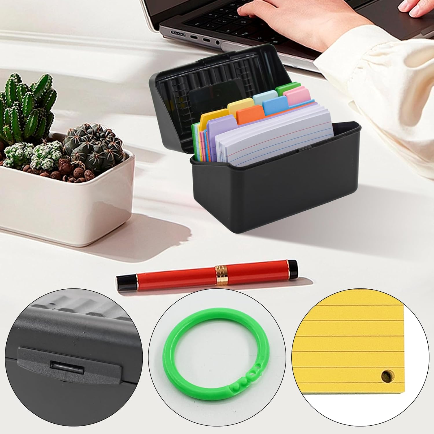 VANRA Index Card Holder 3X5 Flash Card Organizer Case 300 Colored Index Cards Bulk Blank Note Cards with Ring (Black) image number 4
