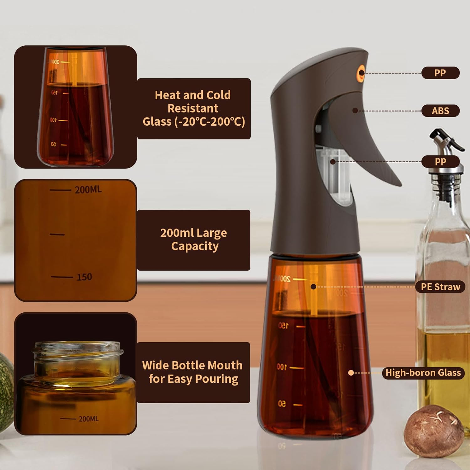 SHEGZHUC Olive Oil Sprayer for Cooking Glass, 200Ml Olive Oil Dispenser Bottle Brown, Spray Bottles Oil Dispenser for Kitchen, Kitchen Gadgets for Salads, Grilling with 3 in 1 Cap Brush ＆ Straw Brush image number 2