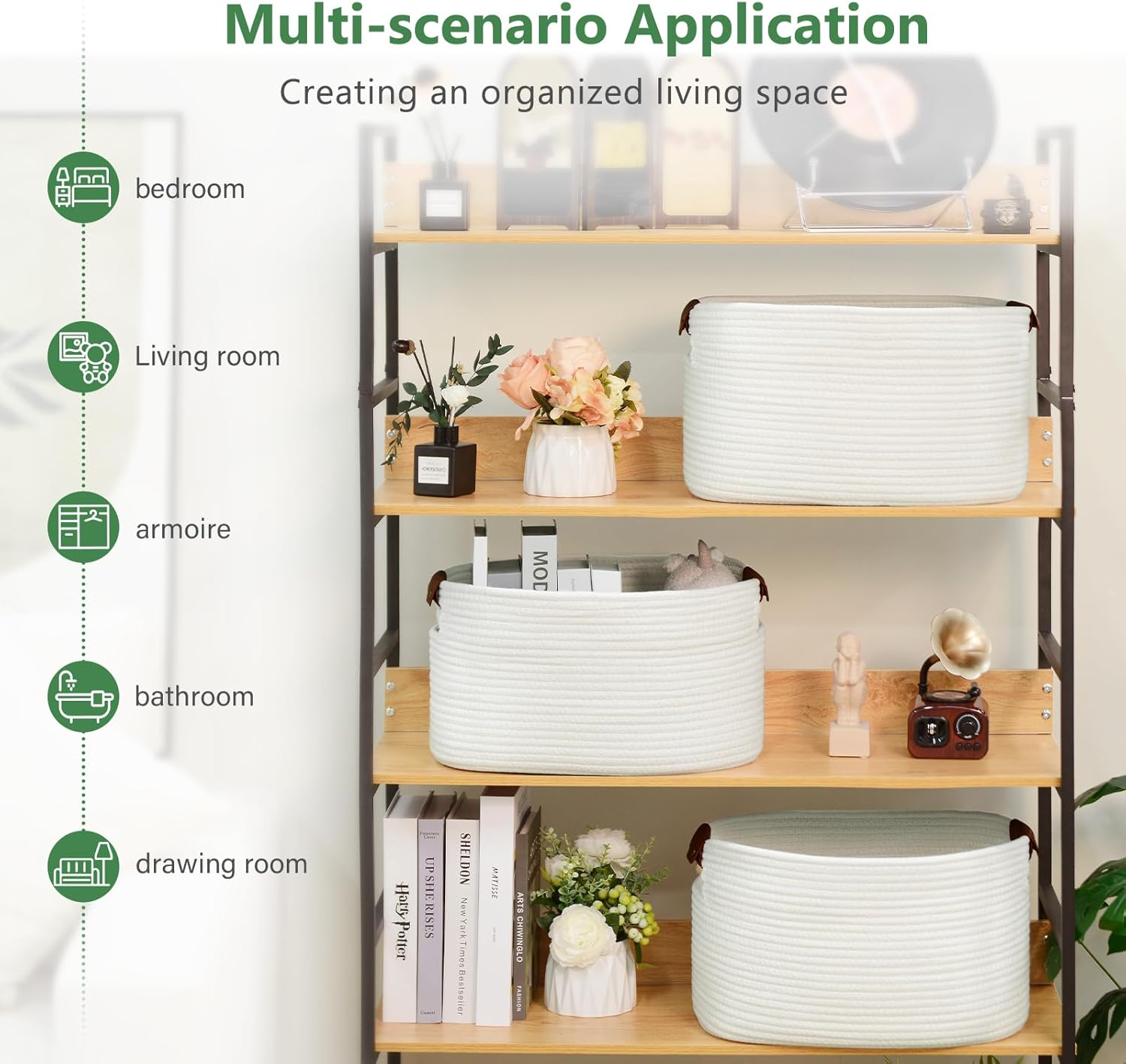 Cotton Rope Basket , Storage Baskets with Handle, 15X10X9 Inch Woven Basket for Shelves, Laundry, Towels, Clothes, Books, Toys (White, 3 Pack) image number 3