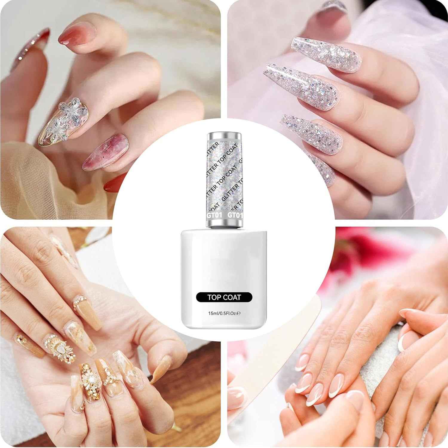 Gel Nail Polish - Glitter Top Coat | Base Coat |15Ml Soak off Gel with Glitter Shine for Long Lasting Salon Results at Home Travel Parties Compact Nail Varnish Bottle image number 4