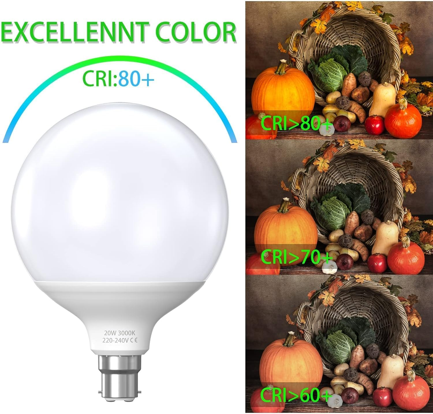 Bonlux 20W B22 LED Bayonet Light Bulb, G120 Globe LED Light Bulb, Equivalent of 200W Halogen Bulb, Energy Efficient, Long Lifespan, AC220-240V Warm White 3000K (Non-Dimmable, Pack of 1) image number 2