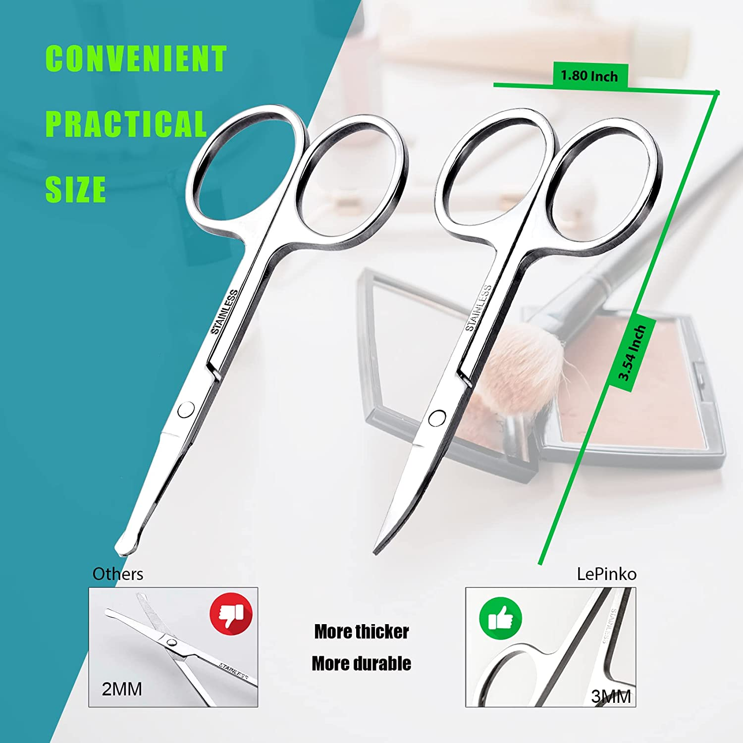Facial Hair Small Grooming Scissors for Men Women - Eyebrow, Nose Hair, Mustache, Beard, Eyelashes, Ear Trimming Kit - Curved and Rounded Safety Tip Clippers for Hair Cutting - Stainless Steel 2PCS image number 4