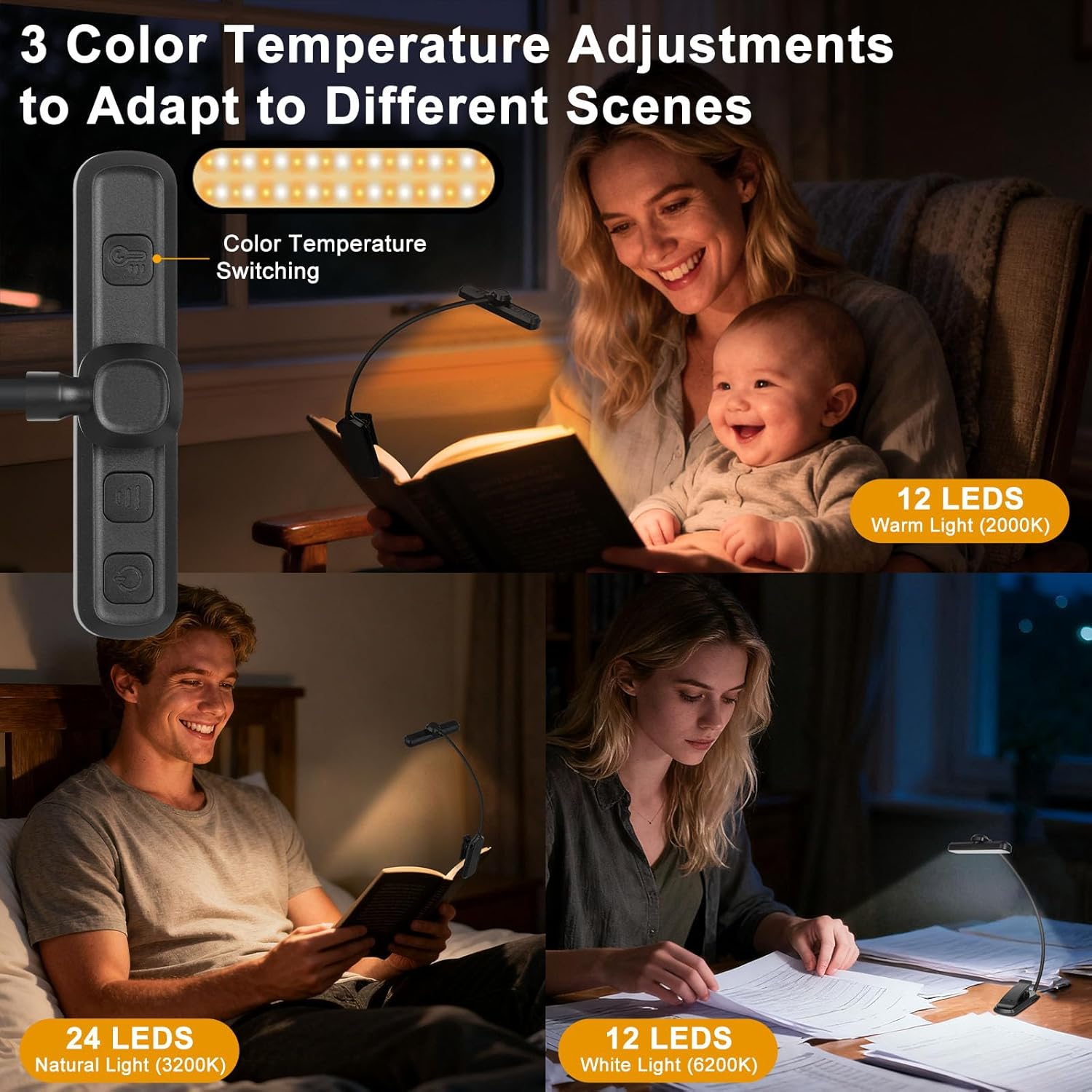 Kakeyrun 24 LED Book Light, Reading Light Night Light with 80 Hours Runtime, 3 Eye-Protection Mode & 5 Brightness Levels, Large Lamp Area, 360&deg; Flexible for Reader, Music Sheet Lighting (Black) - Black image number 2