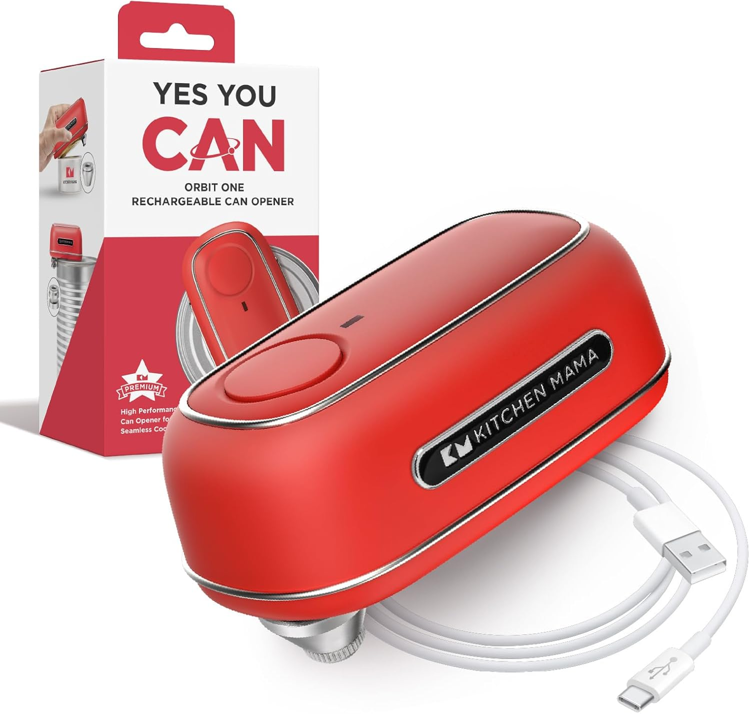 Kitchen Mama Orbit One Rechargeable Can Opener : Hands-Free Operation, Type-C Charging, Automatic Shut-Off, Smooth Edge, Professional-Grade Blade for Large Cans, Includes Elegant Storage Box (Red)