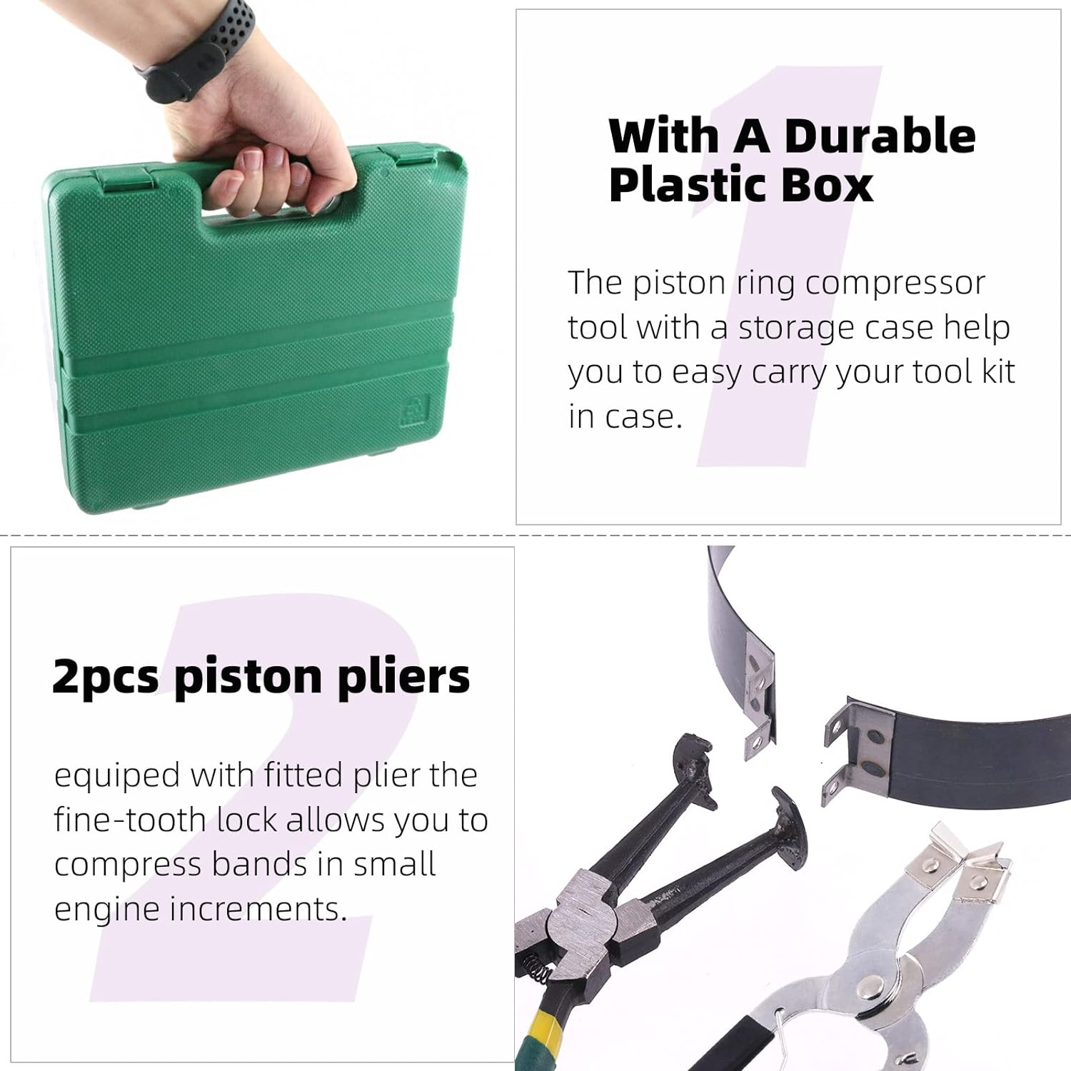 Swpeet 17Pcs Adjustable Black Piston Installer Pliers and Green Car Engine Piston Ring Compressor Pliers with 2.4" - 5.7" Piston Rings Kit with Carrying Box for Car Truck Auto Engine image number 1