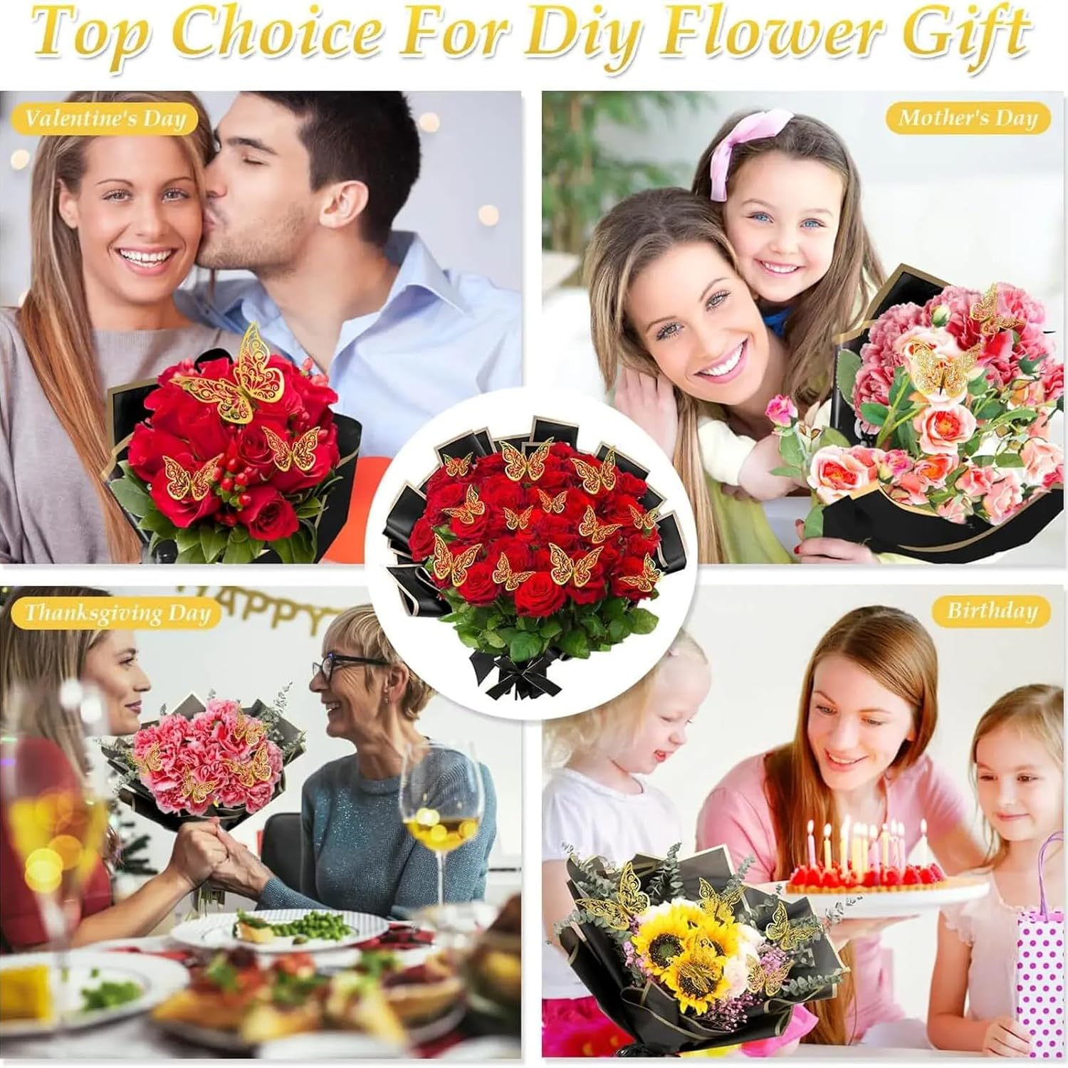 60 Pieces of Bouquet Wrapping, 22.8-Inch Large Size,Organza Ribbon and Greeting Card,Waterproof Translucent Phnom Penh Wrapping, Bouquet Wrapping, (Black, Blue, Gray) image number 1