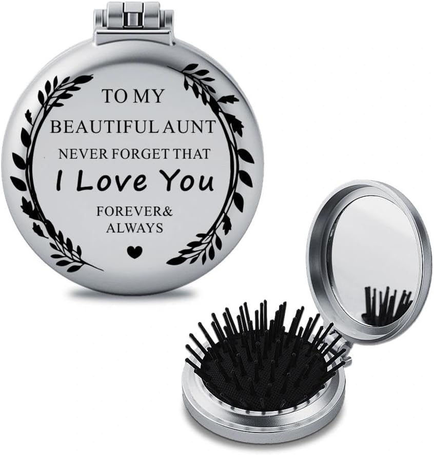 To My Beautiful Aunt Hand Engraved Pocket Comb Mirror Gift from Niece Nephew Personalized Portable Compact Make up Mirror for Aunty Auntie Christmas Birthday Gift image number 1
