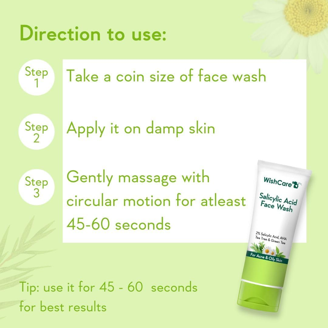 Wishcare 2% Salicylic Acid Face Wash with AHA, Greentea, Chamomile & Teatree - for Oil & Acne Control image number 2