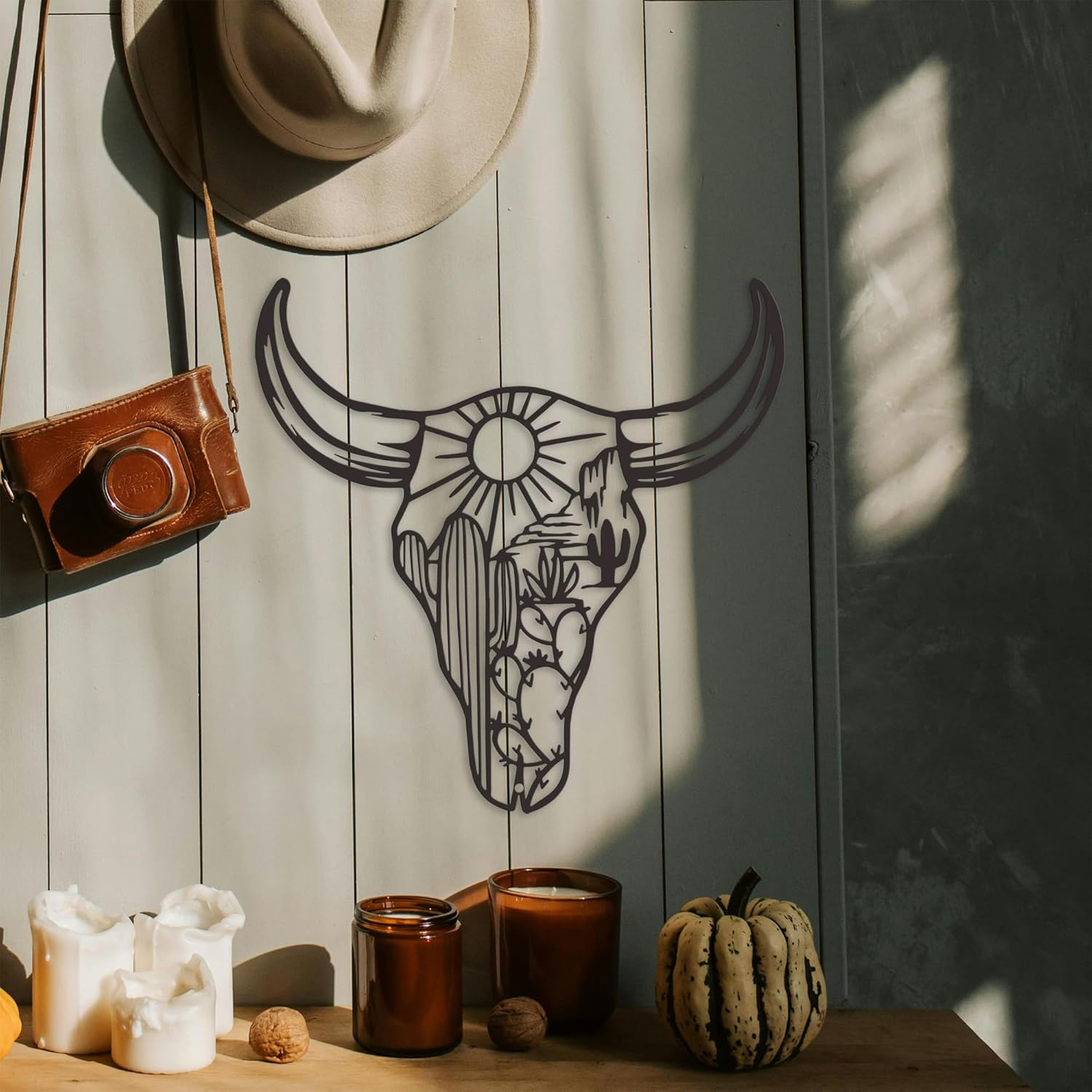 Metal Cow Skull Decor - Southwestern Native American Decor - Rustic Metal Western Wall Decor for Living Room Bedroom Kitchen Garden(12 * 12 Inch,Black) image number 1