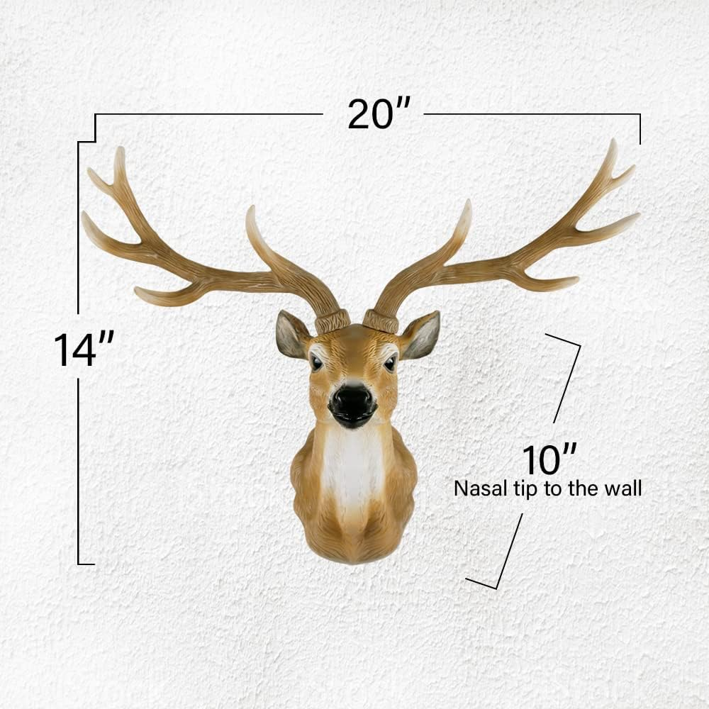 Keygift Deer Head Wall Decor 20 Inch Realistic Brown Deer Antler Wall Sculpture Faux Taxidermy Resin Animal Head Wall Mount image number 2