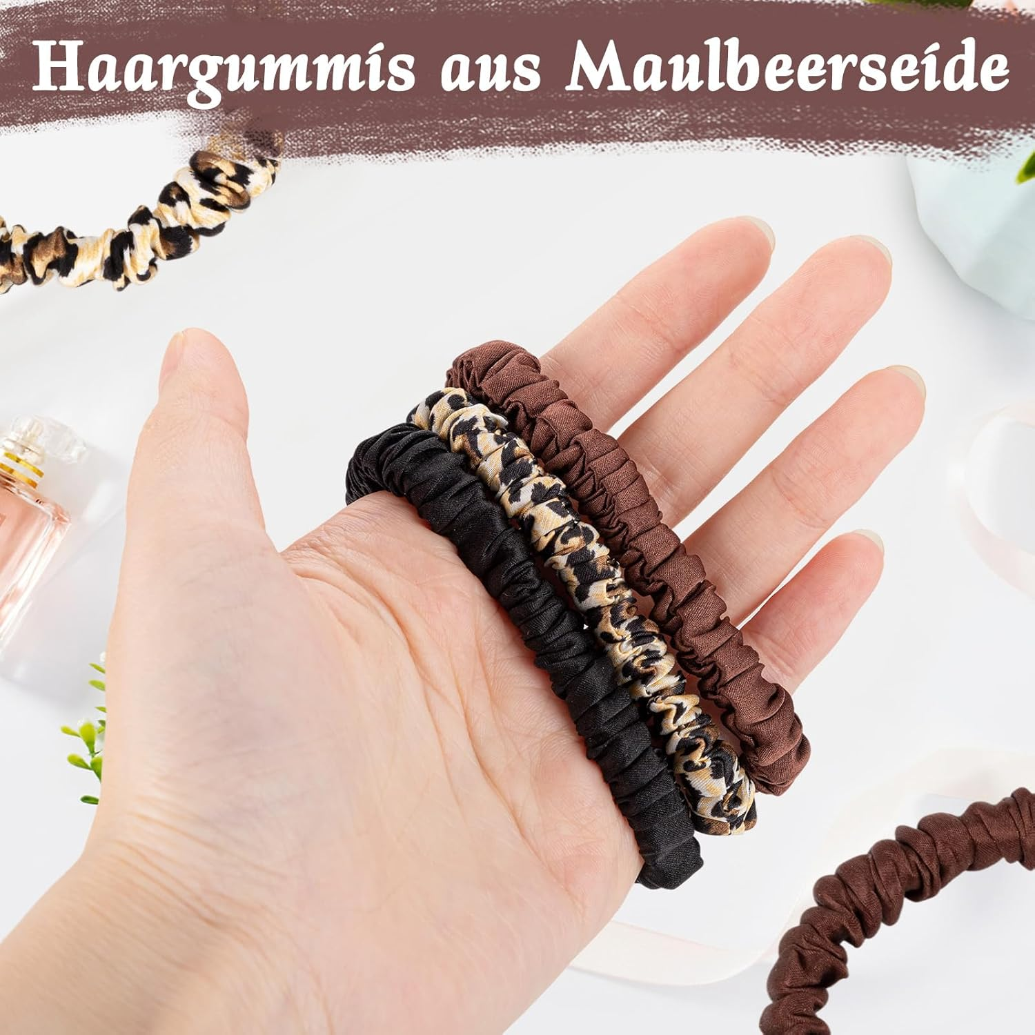 Pack of 3 Silk Scrunchies in Leopard Print, Black & Coffee, Elegant Hair Bobbles for Women & Silk Hair Scrunchie, Stylish Hair Accessories for Daily Hairstyles and Special Occasions image number 5