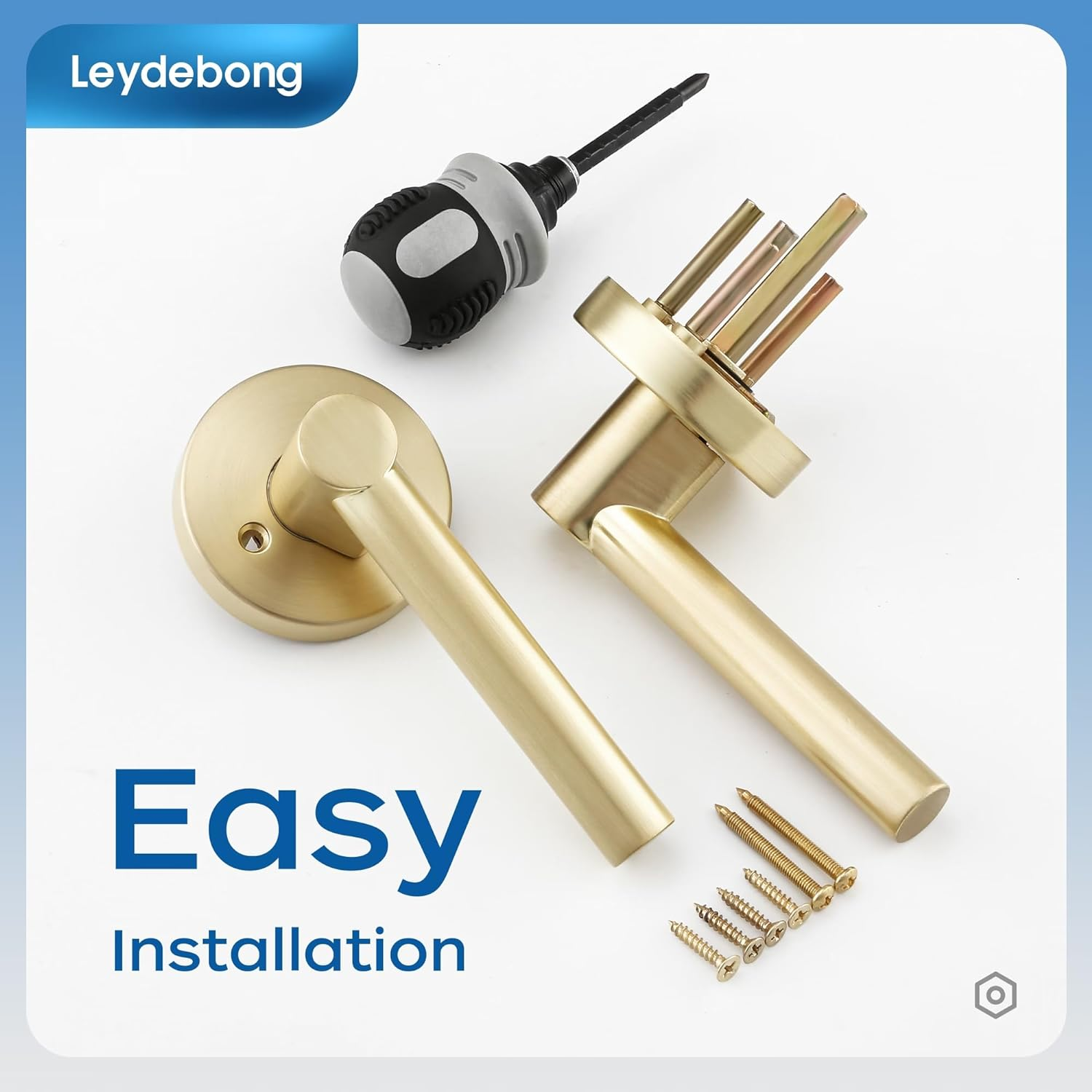 Leydebong 4 Pack Satin Brass Door Handles, Door Knobs Interior in Gold Finish, Passage Door Knobs Heavy Duty Contructions, Keyless Hallway Closet Door Knobs image number 5