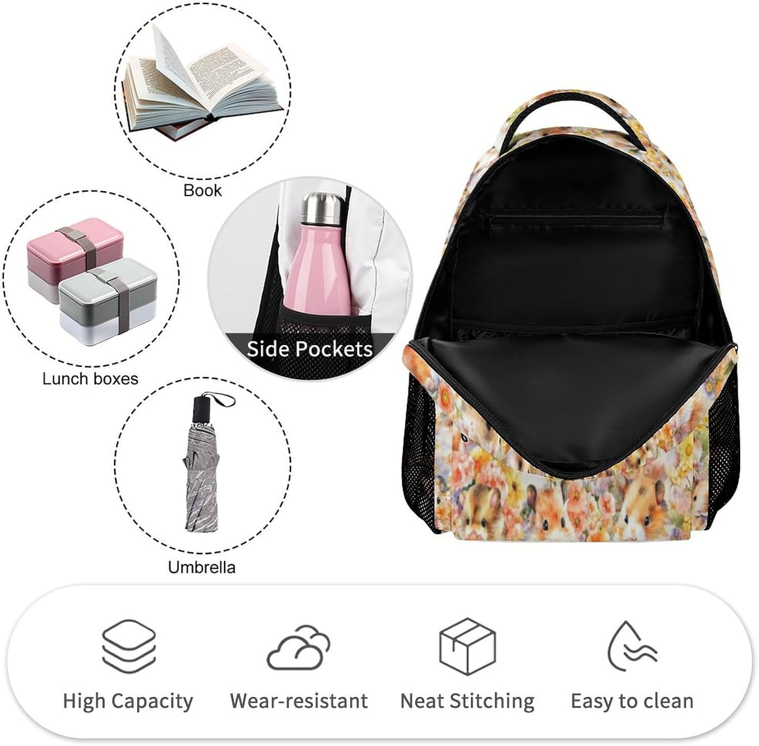 Hamster Backpack for Kids Girls Boys School, 16 Inches Hamster Bookbag, Hamster Backpack for School - Hamster Backpack1 Set image number 5