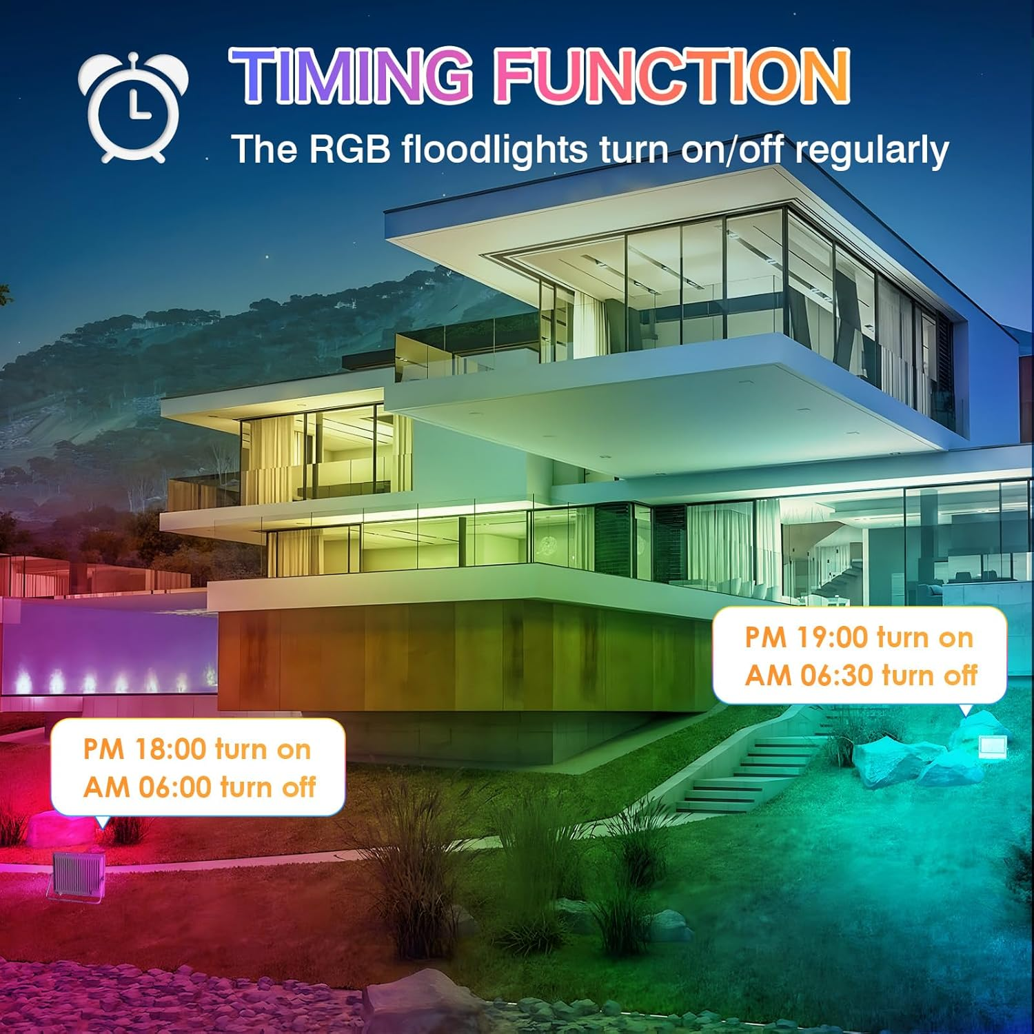 2-Pack RGB LED Flood Lights Outdoor,Color Changing Flood Lights,150W (1200W Equivalent),15000Lm, Works with Bluetooth App or 2.4G Remote,Ip66 Waterproof,16 Million Colors, Timing, Music Sync