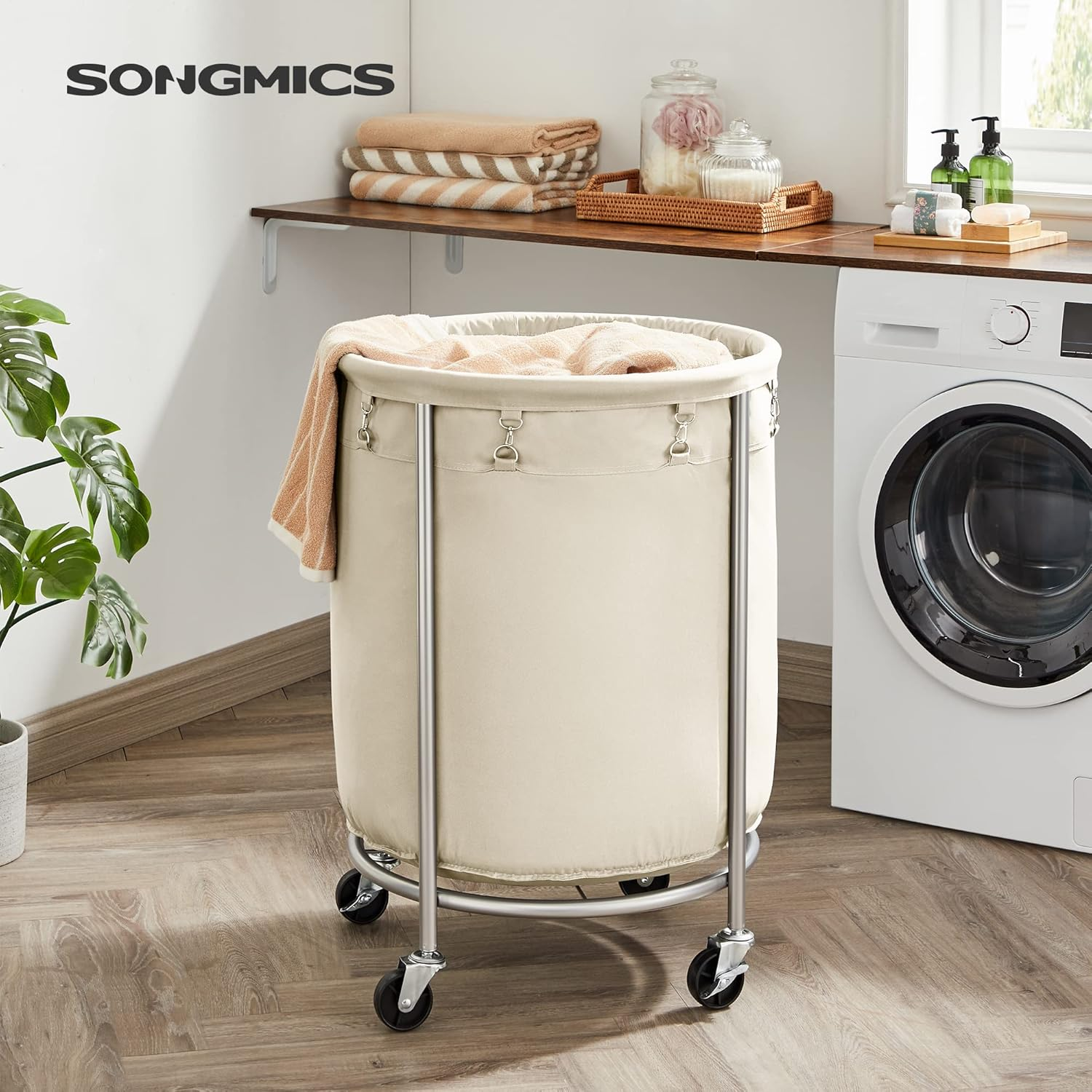 SONGMICS Laundry Basket with Wheels, Rolling Laundry Hamper, 45 Gal., round Laundry Cart with Steel Frame and Removable Bag, 4 Casters and 2 Brakes, Cream and Silver URLS01MZ - Cream image number 3