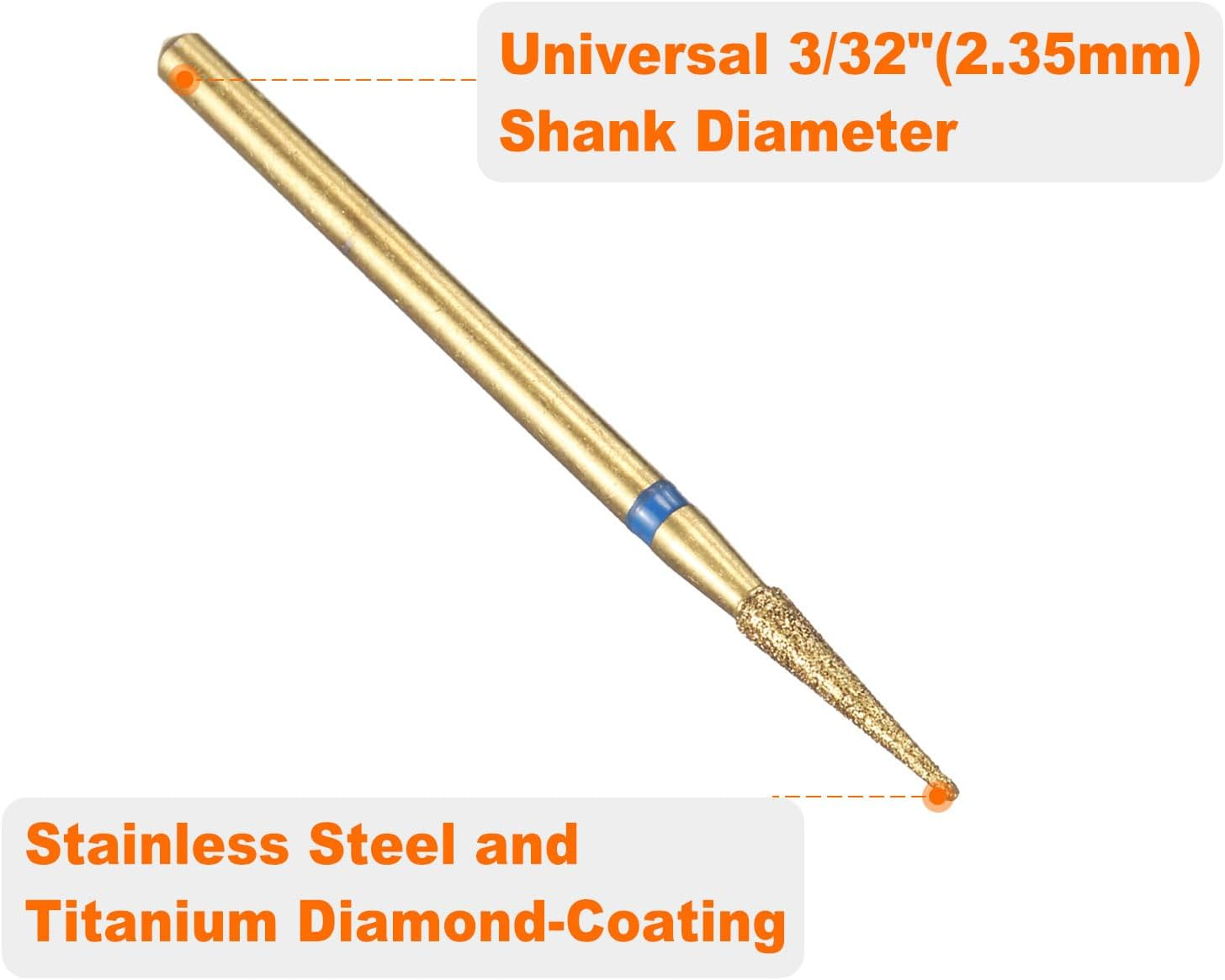 Sourcing Map 6Pcs 120-140 Grits Diamond Grinding Bit 2.2Mm Tapered Head 2.35Mm Shank 10Mm Length Titanium Plated Stone Sanding Drill Bits Rotary Tool for Nails Grinding Polishing image number 3