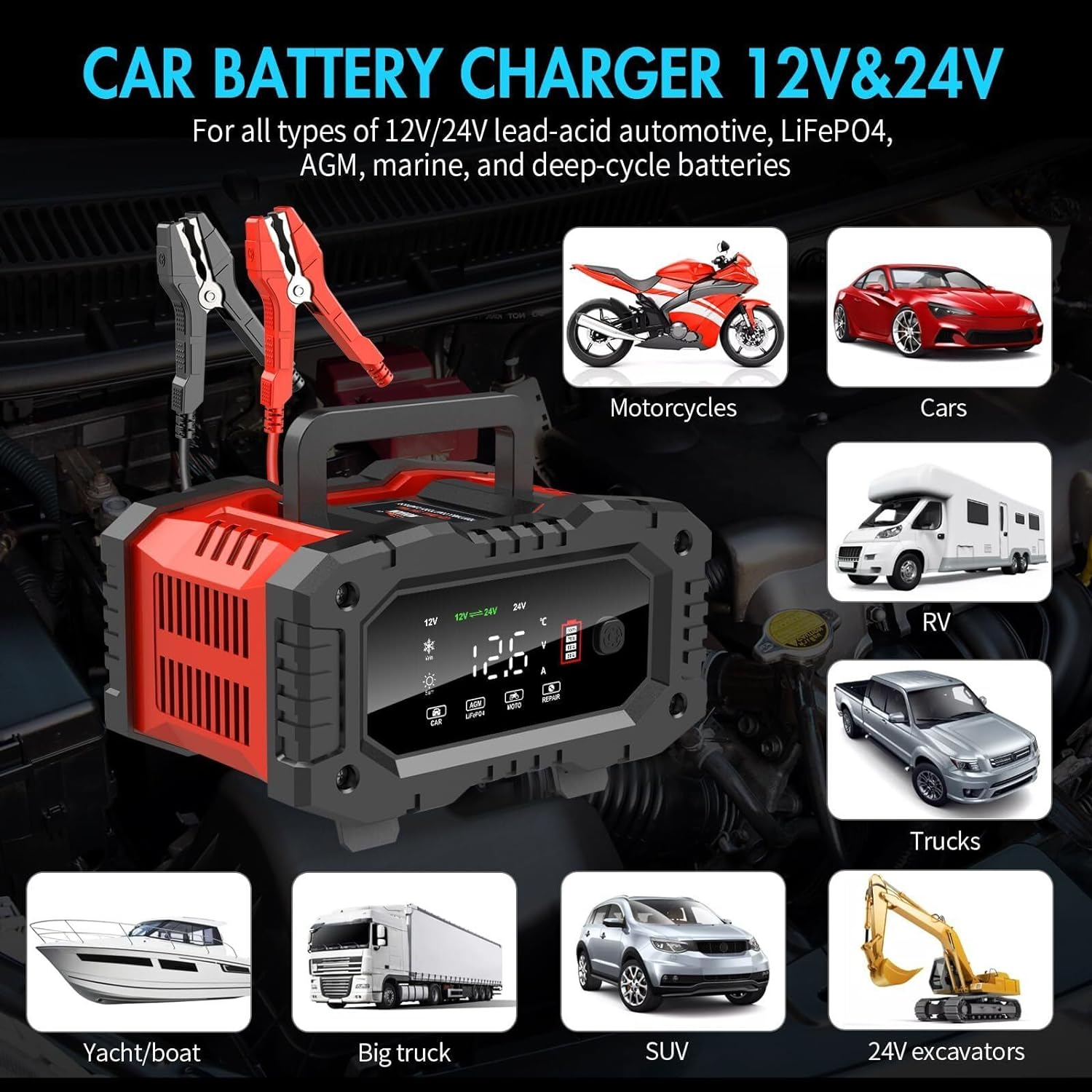 Portable Smart Car Battery Charger for 12V 20A / 24V 10A Motorcycle Truck Lawn Mower Lead Acid AGM Gel Lifepo4 Batteries Tender Automotive Fast Pulse Repair Trickle Chargers Maintainer image number 4