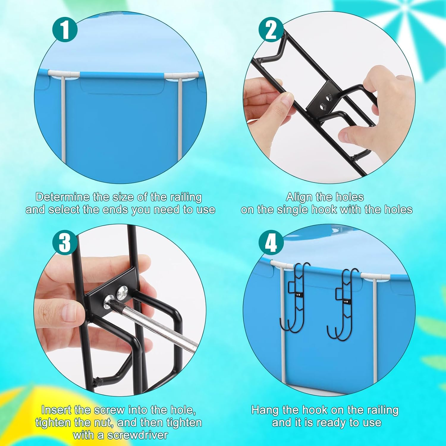 2 Sets Poolside Hanging Hooks, 2 Usages Pool Rack Hooks with Detachable Pool Fence Double Hook Design No Drilling Required Waterproof Pool Pole Hangers for Skimmers Brushes Nets Accessories image number 3