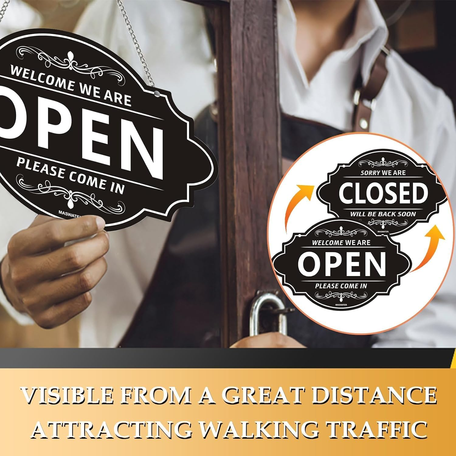 Store Open and Closed Business Sign Two-Sided Reversible Vintage Open and Closed Business Sign for Stores, Coffee Bars, and Shops, in White and Black Colors image number 2