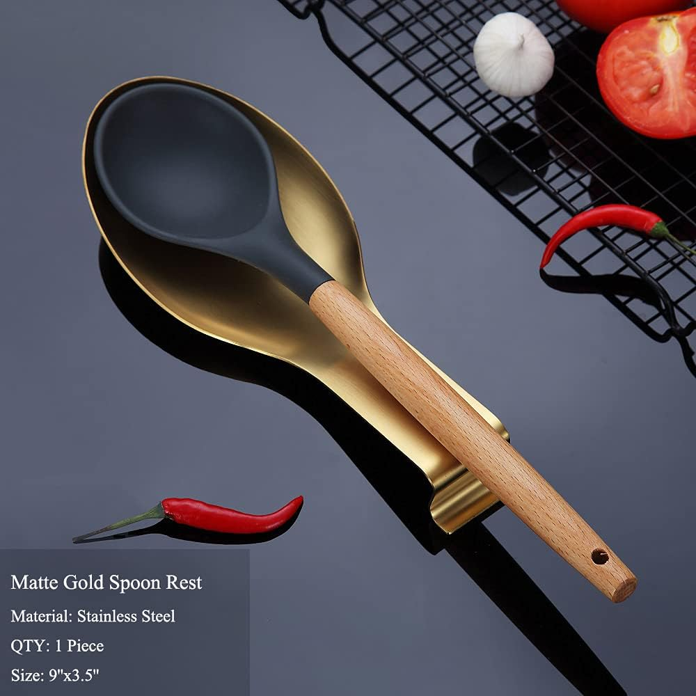 Matte Gold Spoon Rest, Stainless Steel Spoon Holder for Stove Top, Kitchen Utensils Holder for Ladles, Tongs, Spatula, Stove Spoon Holder, Pot Lid Holder, Dishwasher Safe (1PC-9.5 Inch) image number 2
