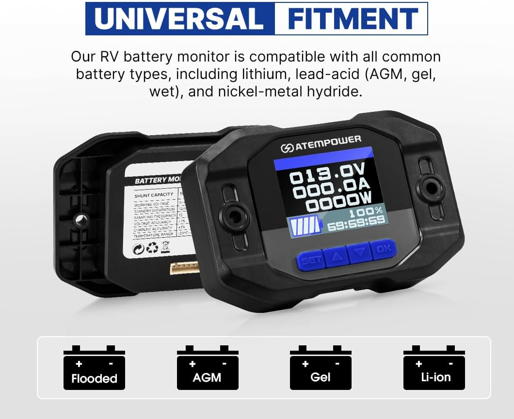 ATEM POWER 12V 500A Battery Monitor with Shunt Wire, LCD Display, Real-Time Monitor Voltage Current Watt Compatible with Lithium, Lead-Acid, AGM, Gel Batteries, Flush Mount Available image number 4