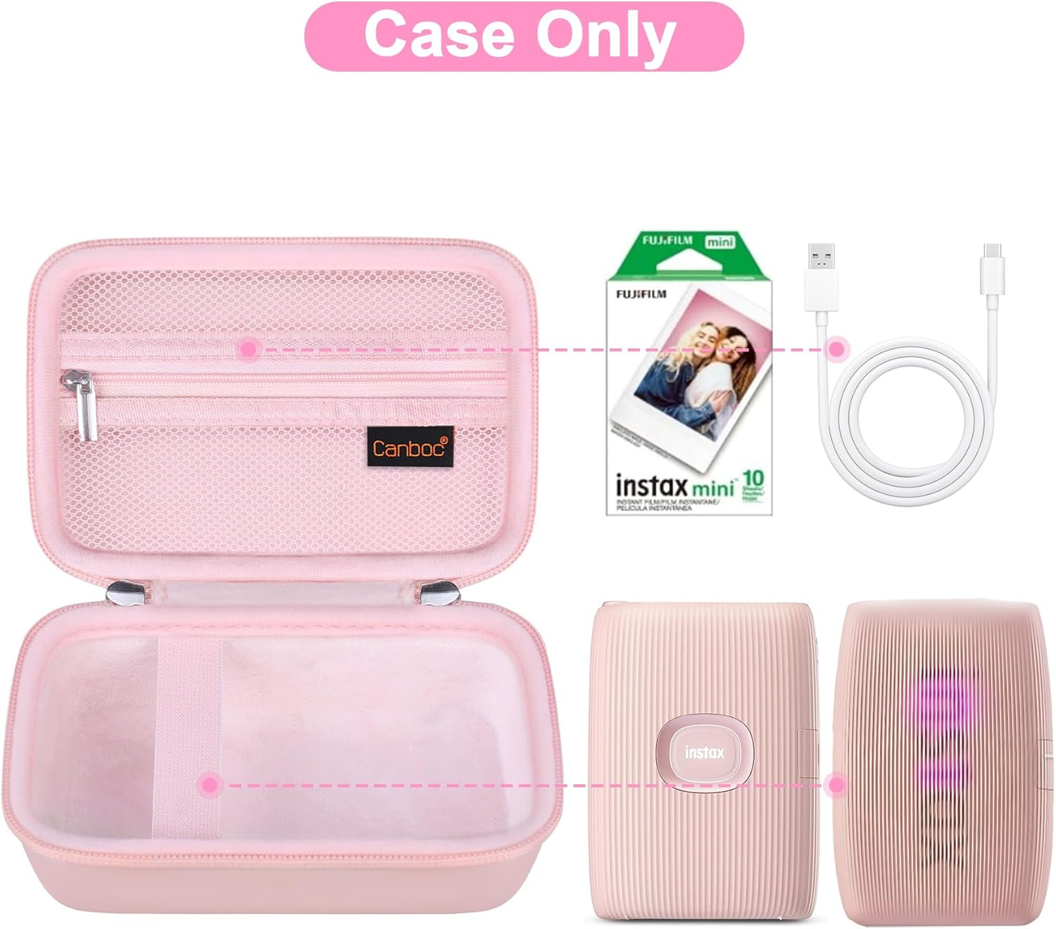 Canboc Hard Case for Fujifilm Instax Mini Link 3/ Fujifilm Instax Mini Link 2/ Instax Mini Link Smartphone Printer, Mesh Pocket Fit Instax Mini Instant Film and Cable, Soft Pink - Mint Green image number 6