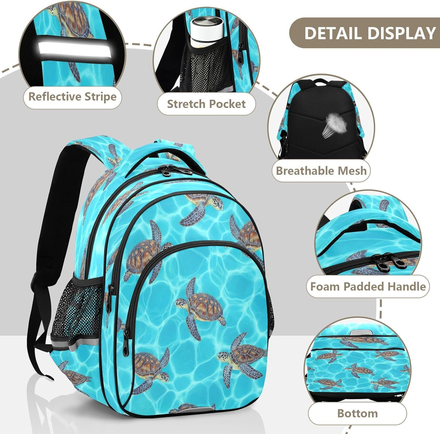 RPLIFE Sea Turtles Blue Aqua Kids Backpack for School Ages 8-14, Backpack for Boys Elementary School image number 4