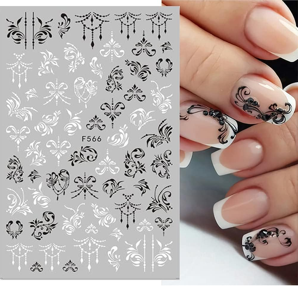 8 Sheets Black White Leaves Flowers Nail Stickers Decals,3D Self- Adhesive Retro Flower Vintage Vine Rose Flower Butterflies Nail Design Classic Fashion Simple Self Adhesive Sticker for Women Girls Nails Art DIY Decoration with 1 Pcs Anti-Static Tweezers image number 2