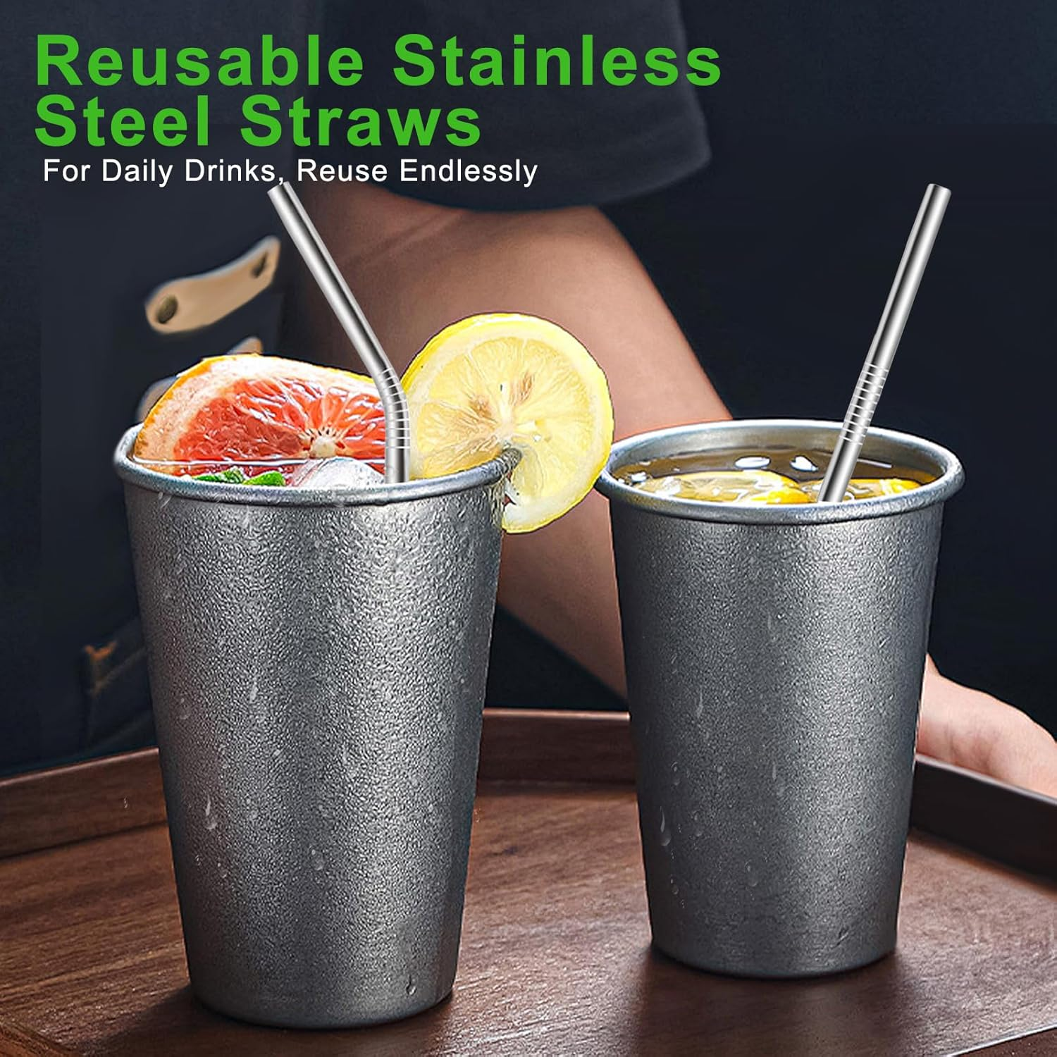 Stainless Steel Straws, 12 Pack Reusable Metal Straws, Drinking Straws 6 Straight 6 Bent with 2 Cleaning Brushes and Bag for Tumblers (Silver)