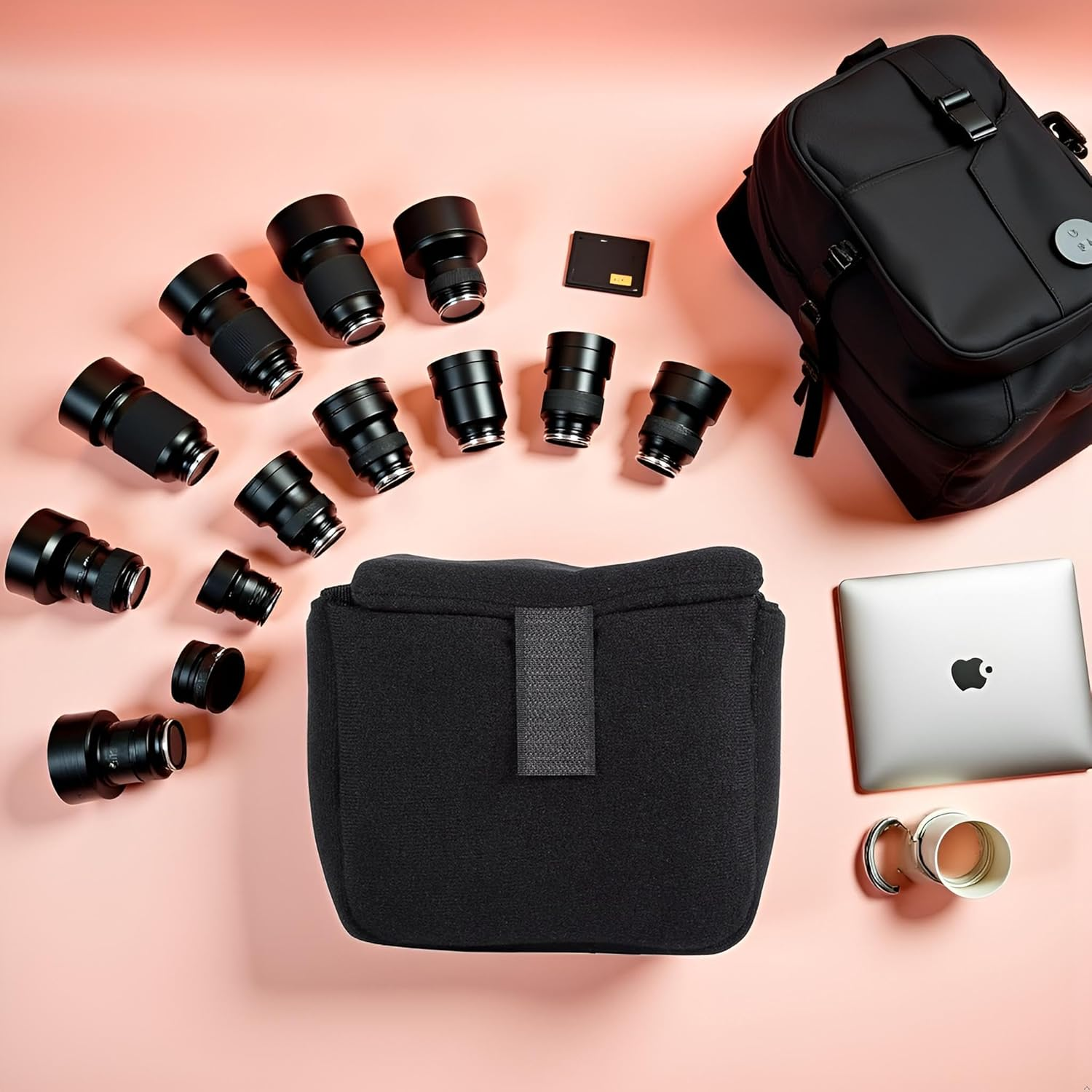 Camera Bag Insert with Velvet Interior, Removable Dividers, Shock Protecte, Hooks Loop Closure (Black) - Red image number 6