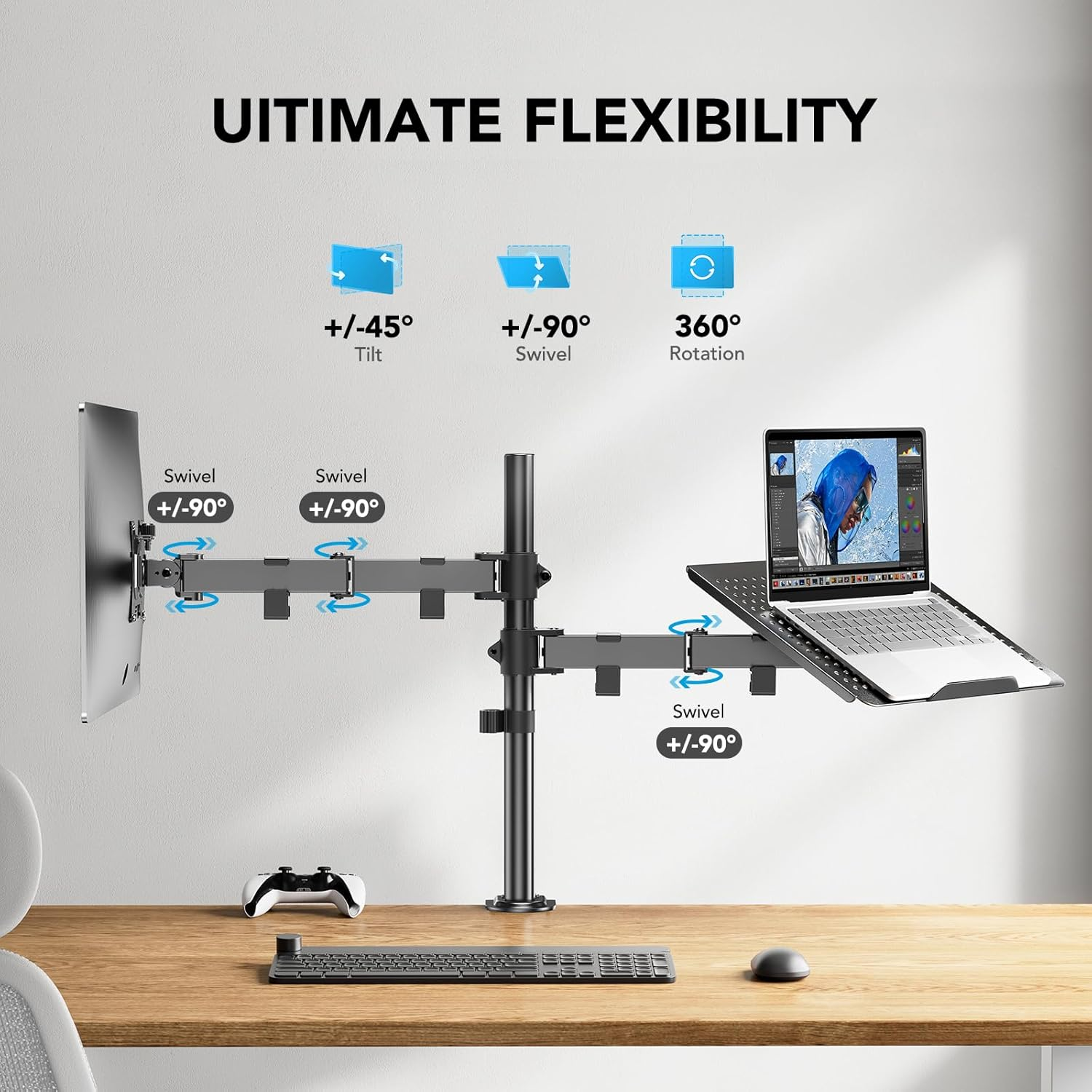 HUANUO Laptop Stand, Dual Monitor Stand with Laptop Tray, Monitor Mount Holds 13-32 Inch Computer Screen, Laptop Arm Fits up to 17 Inch, Fully Adjustable Weight up to 22 Lbs, HNCM2 image number 6