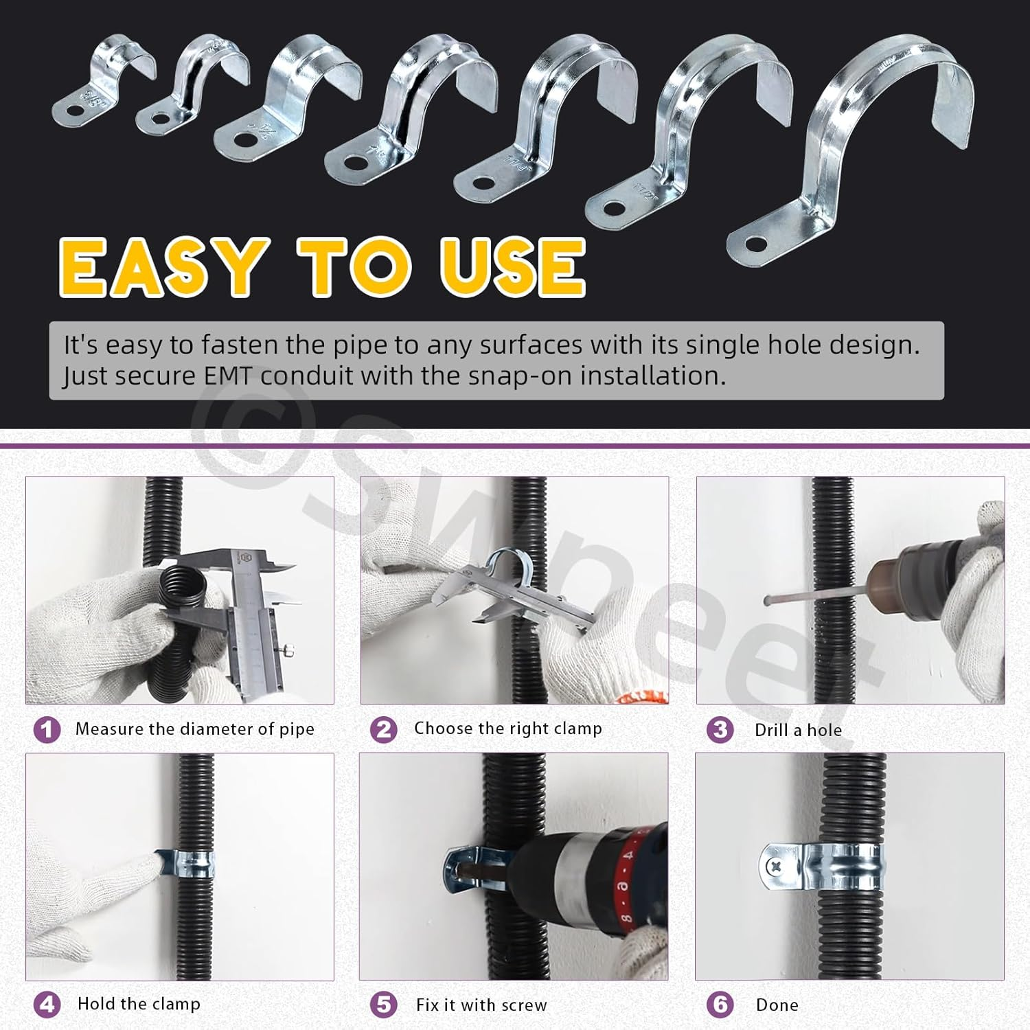 Swpeet 30Pcs 1"(25Mm) Zinc Plated One Hole EMT Pipe Strap Kit, Pipe Straps U Bracket Tube Strap Pipe Clamp 1 Hole Snap on Pipe Strap Conduit Clamps Tension Clips for Fixing EMT Conduit Pipe image number 4