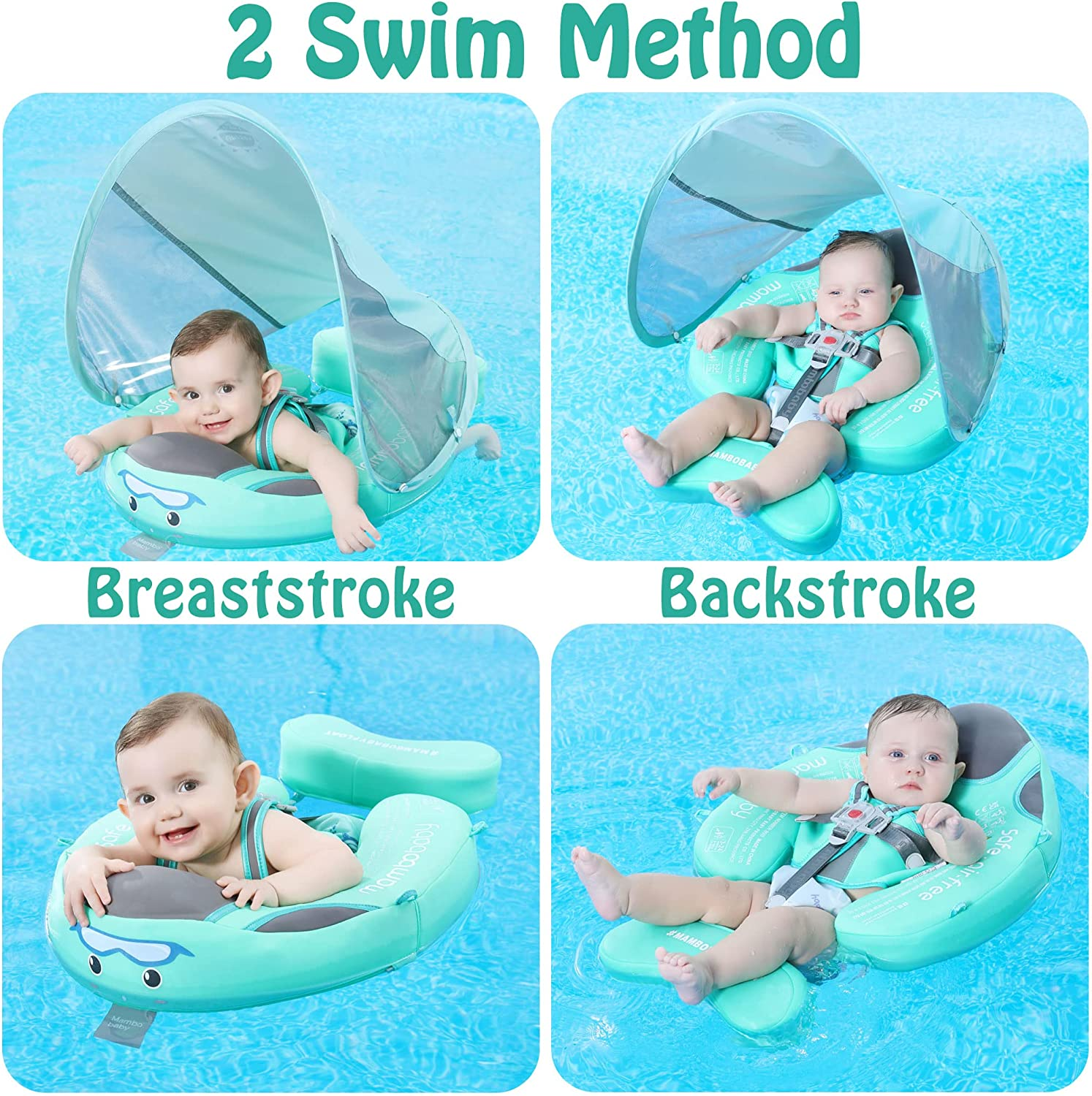 Mambobaby Float Add Tail Newest Baby/Infant Swim Float with Canopy, Non-Inflatable Solid Upgrade Soft Waterproof Skin-Friendly Leather Material image number 4