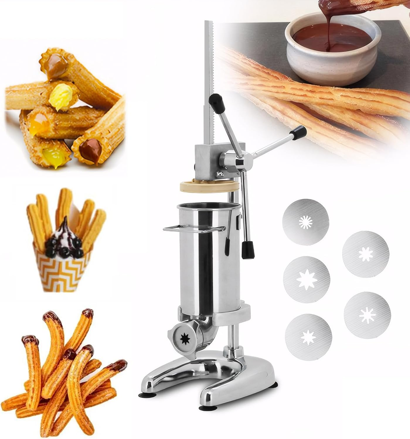 Peiqi Manual Churro Maker Commercial Manual Latin Fruit Machine Spanish Doughnut Filler Filling Machine with 5 Nozzles, for Home Commercial Restaurants Cafeterias Bakerie (3L)