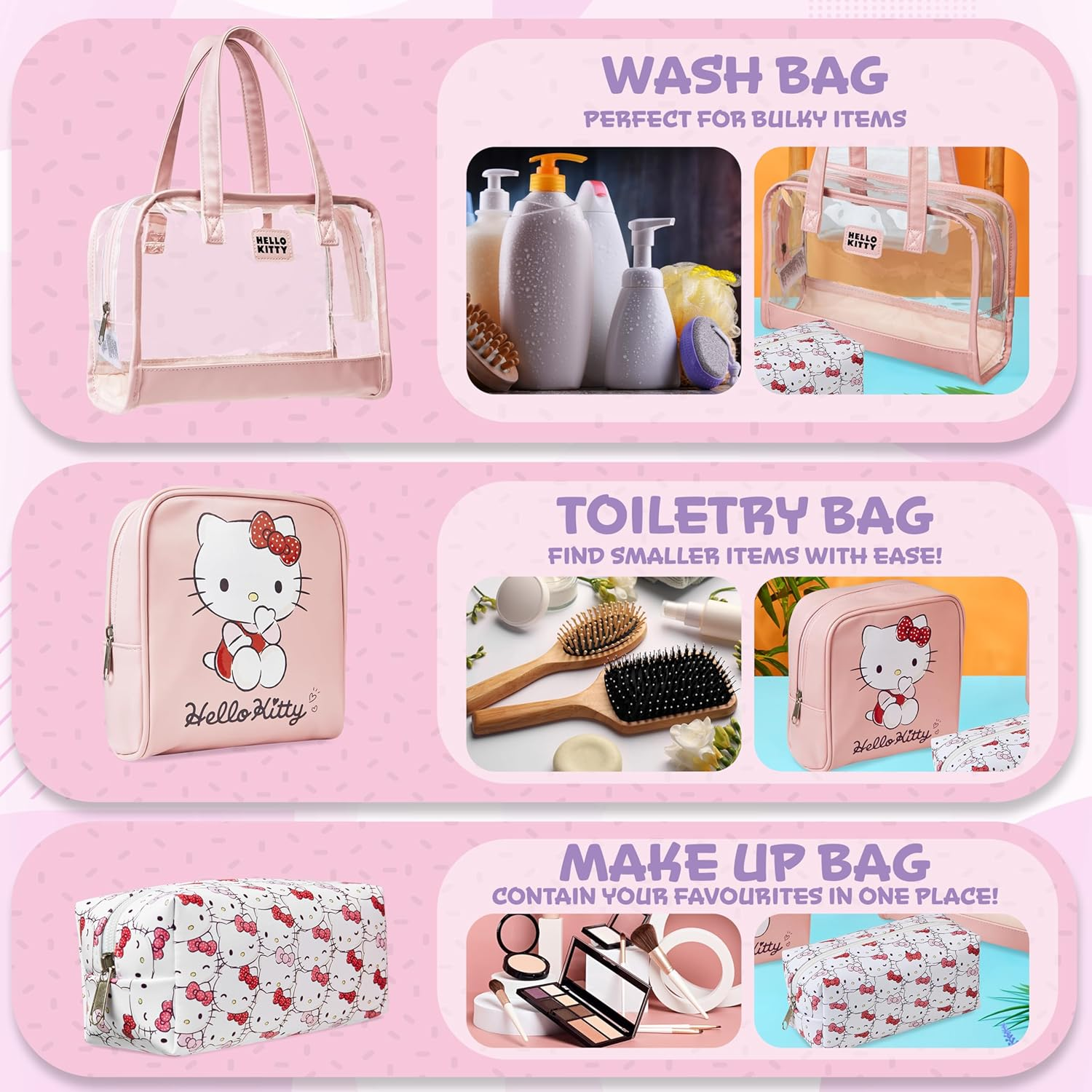 Hello Kitty Women'S Cosmetic Bag Set of 3 &ndash; Travel Toiletry Bag, Make up Bag, Pink, Einheitsgr&ouml;&szlig;e, Cosmetic Bags image number 1