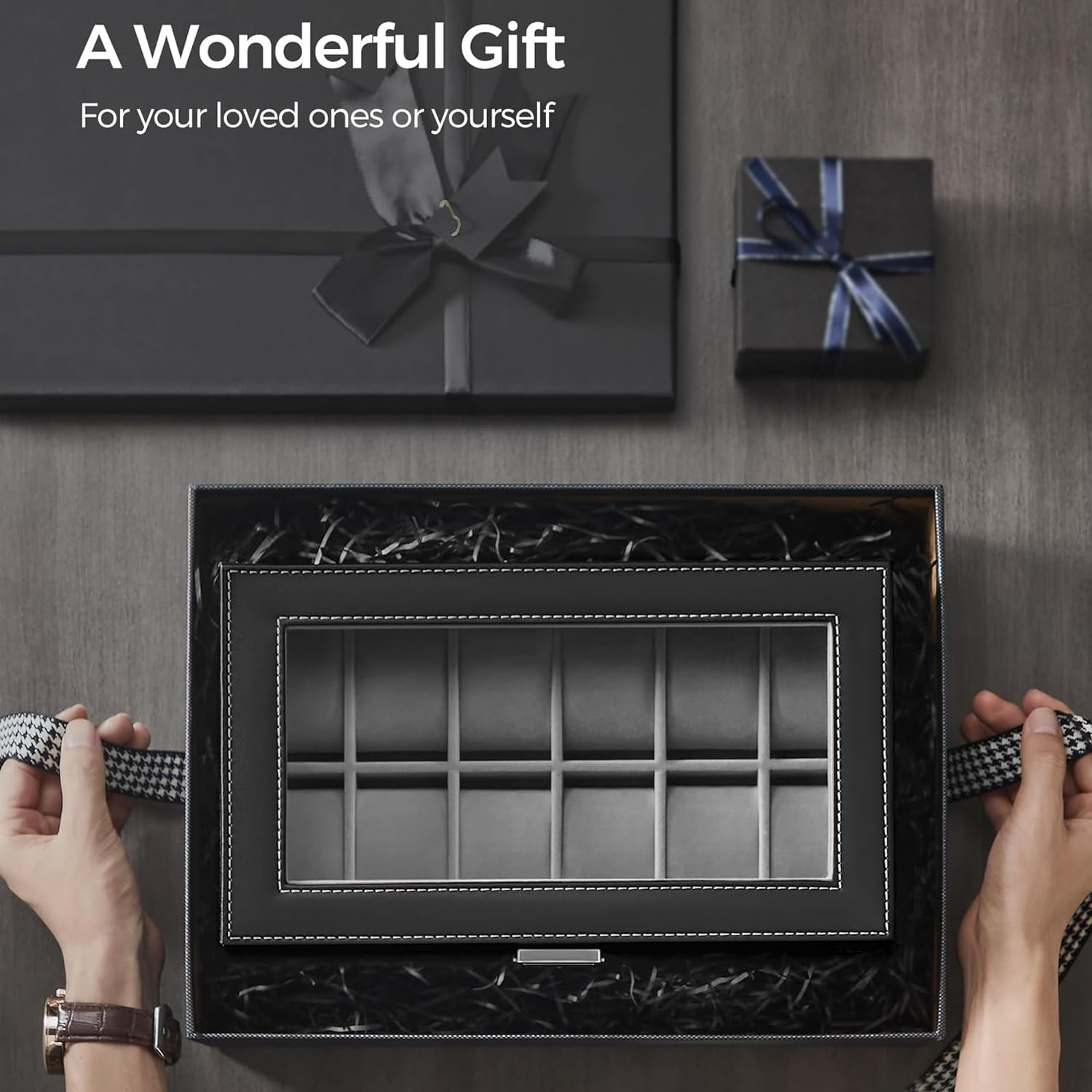 LIAN Watch Box 12-Slot Watch Box Jewelry Box Organizer for Men 2 Layers with 1 Drawer for Rings, Glasses,Jewelry,Necklace Black Perfect Birthday Gifts image number 3