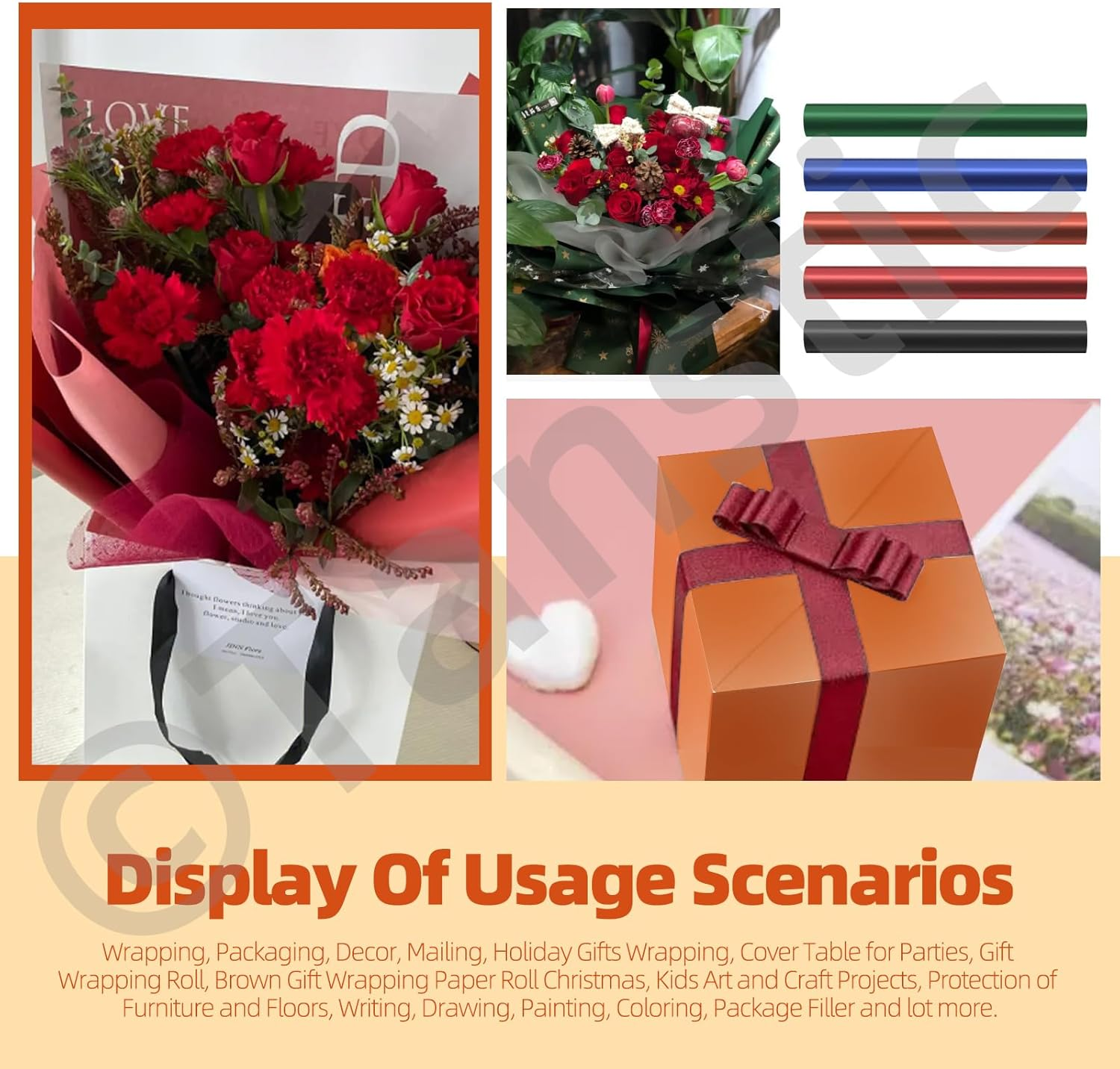 Tanstic 15.7 Inch X 98 Feet Orange Cellophane Wrap Roll, 2.3 Mil Thick Transparent Colored Cellophane Wrapping Paper, Colored Cellophane Paper for Gift Baskets, Treats, Flower image number 3